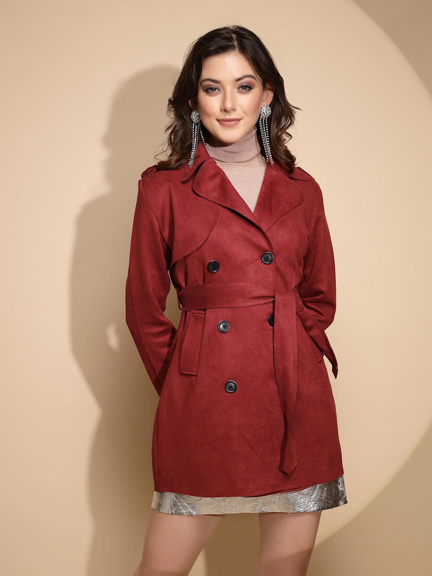 women maroon long wrap wool blend coat (set of 2)