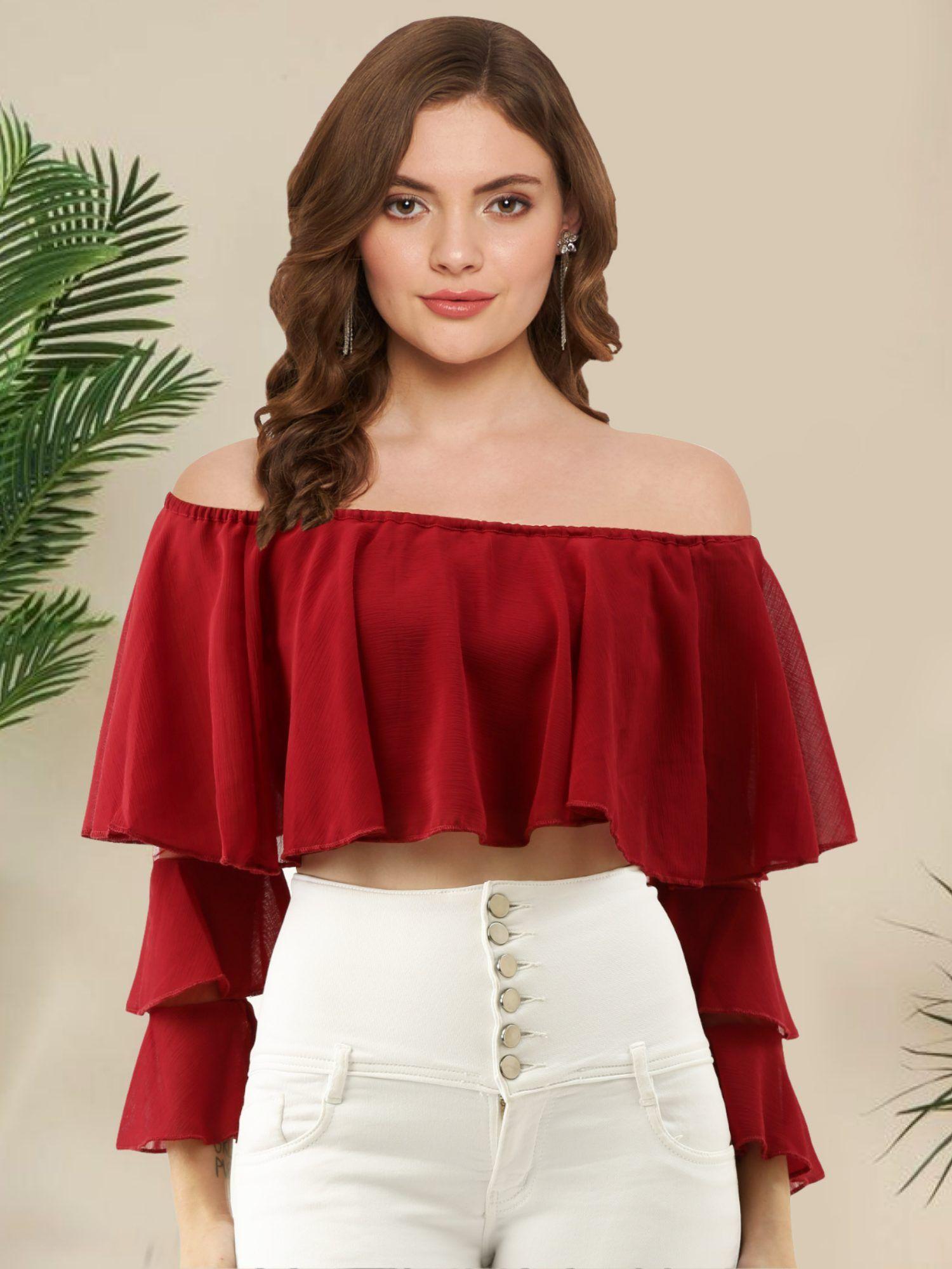 women maroon off shoulder bell sleeve cape top