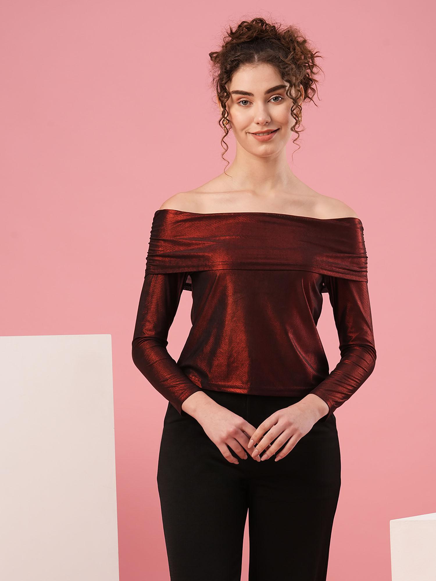 women maroon off-shoulder regular sleeves party top