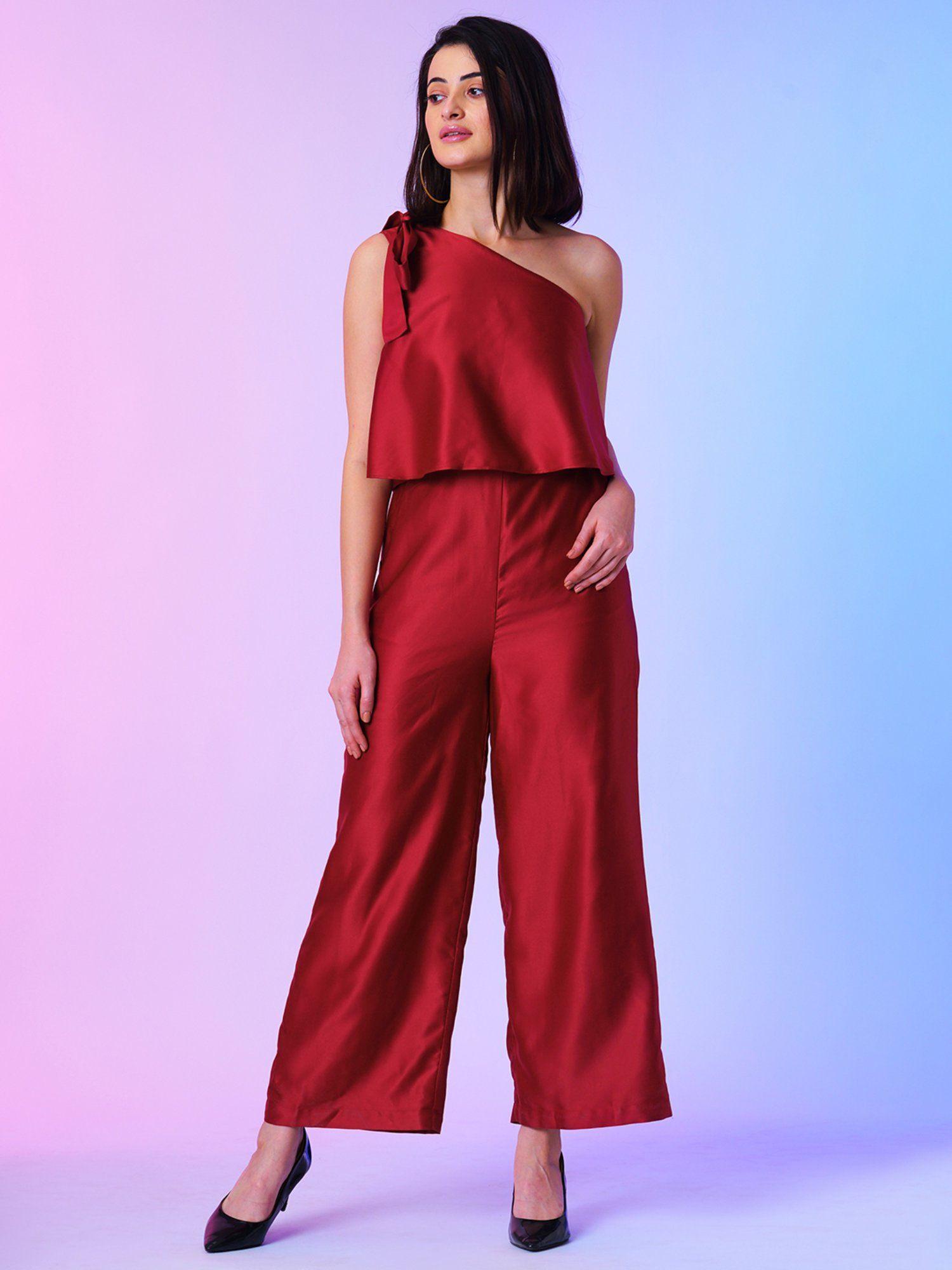 women maroon one shoulder tie-up party jumpsuit