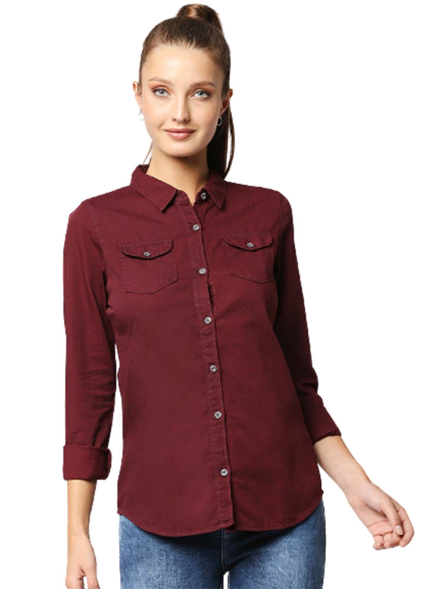 women maroon opaque casual shirt