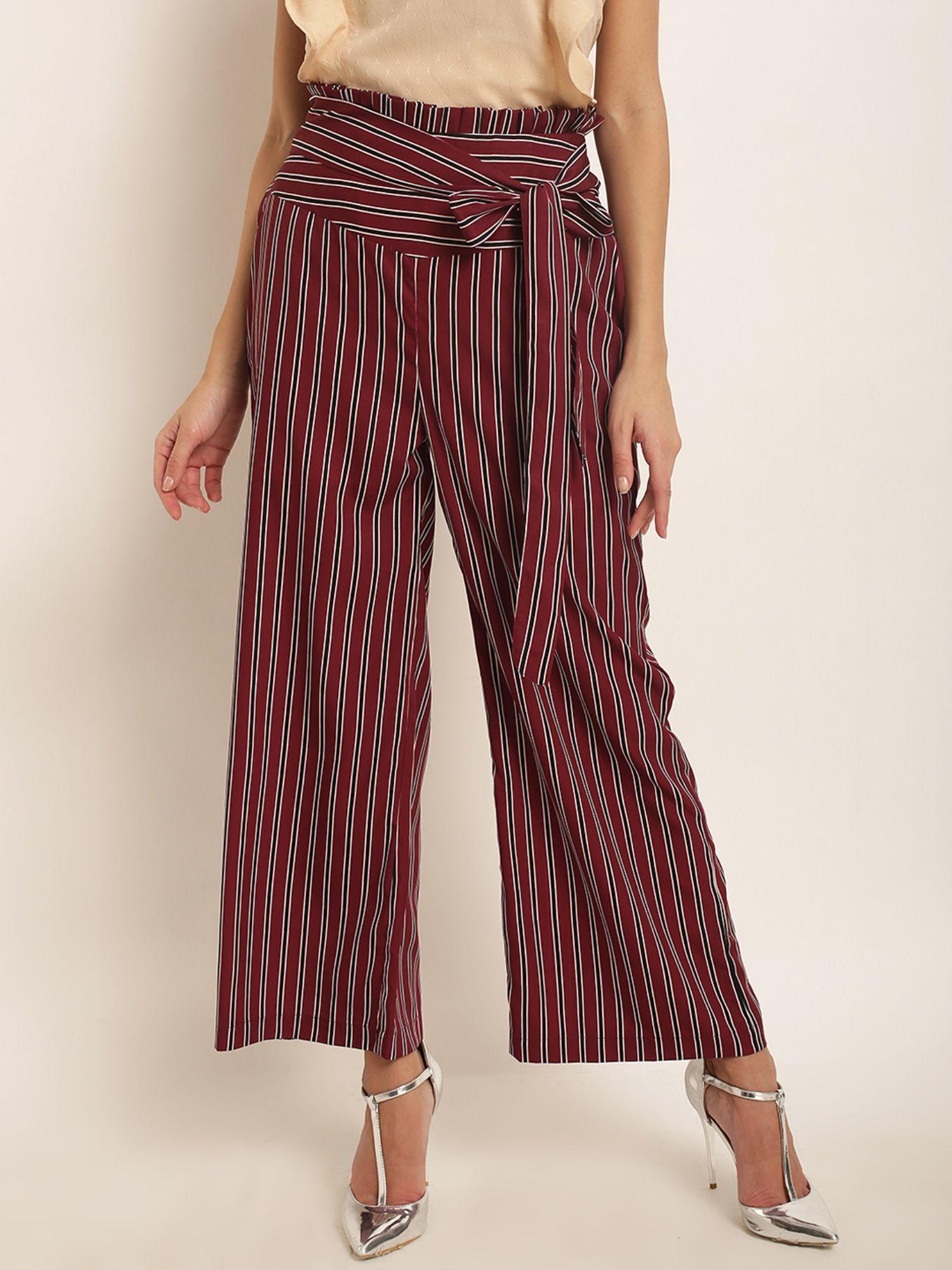 women maroon original regular fit striped parallel culottes