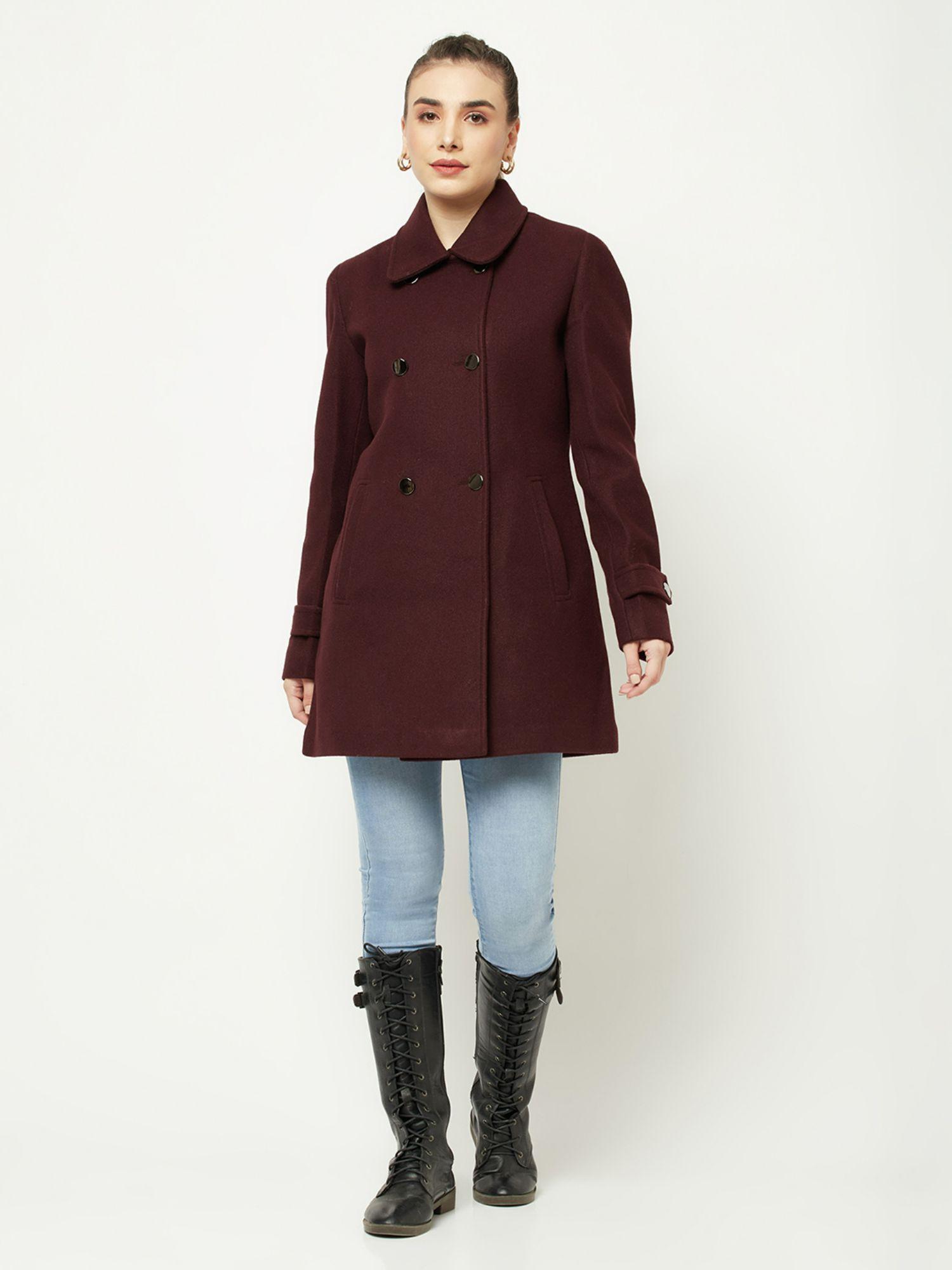 women maroon over-coat