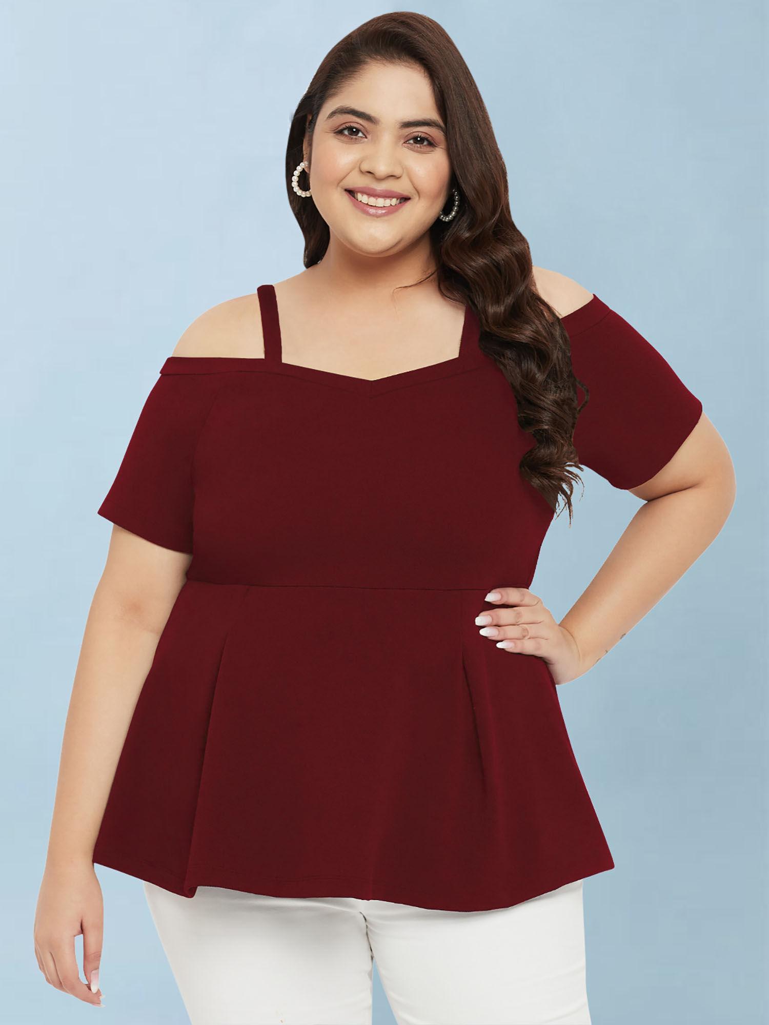 women maroon plus size cold shoulder top