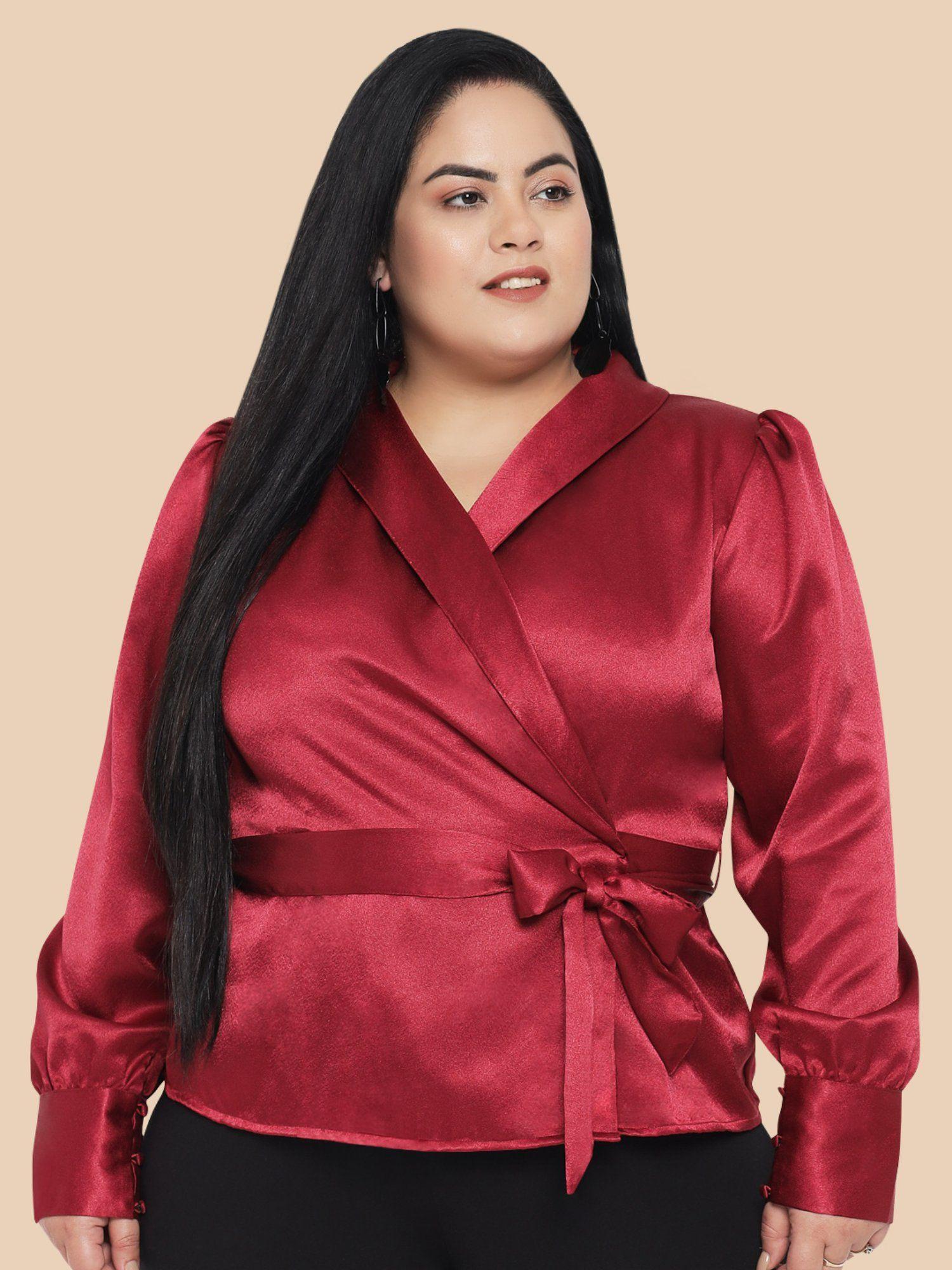 women maroon plus size satin wrap top