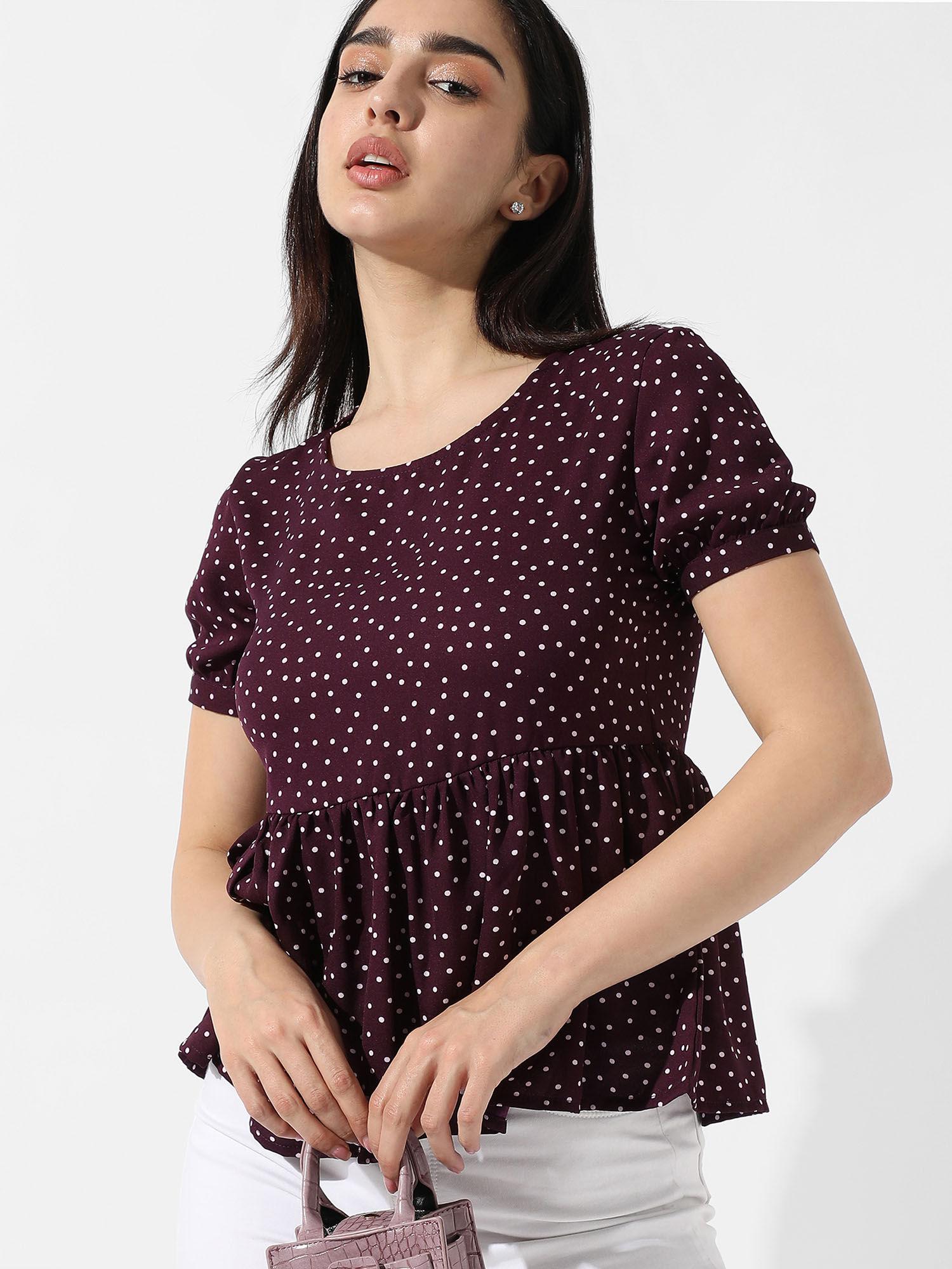 women maroon polka dot print top