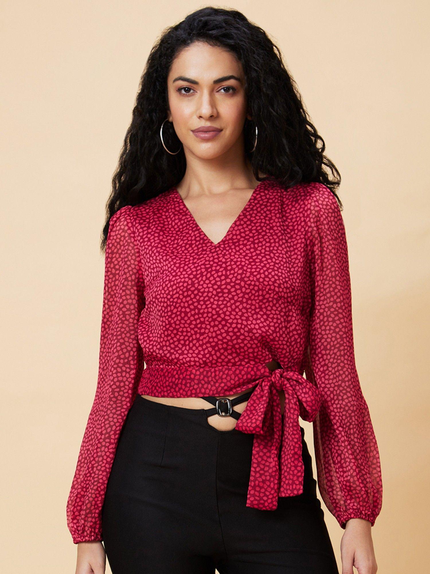 women maroon polka dots print wrap v-neck casual waist tie-up crop top