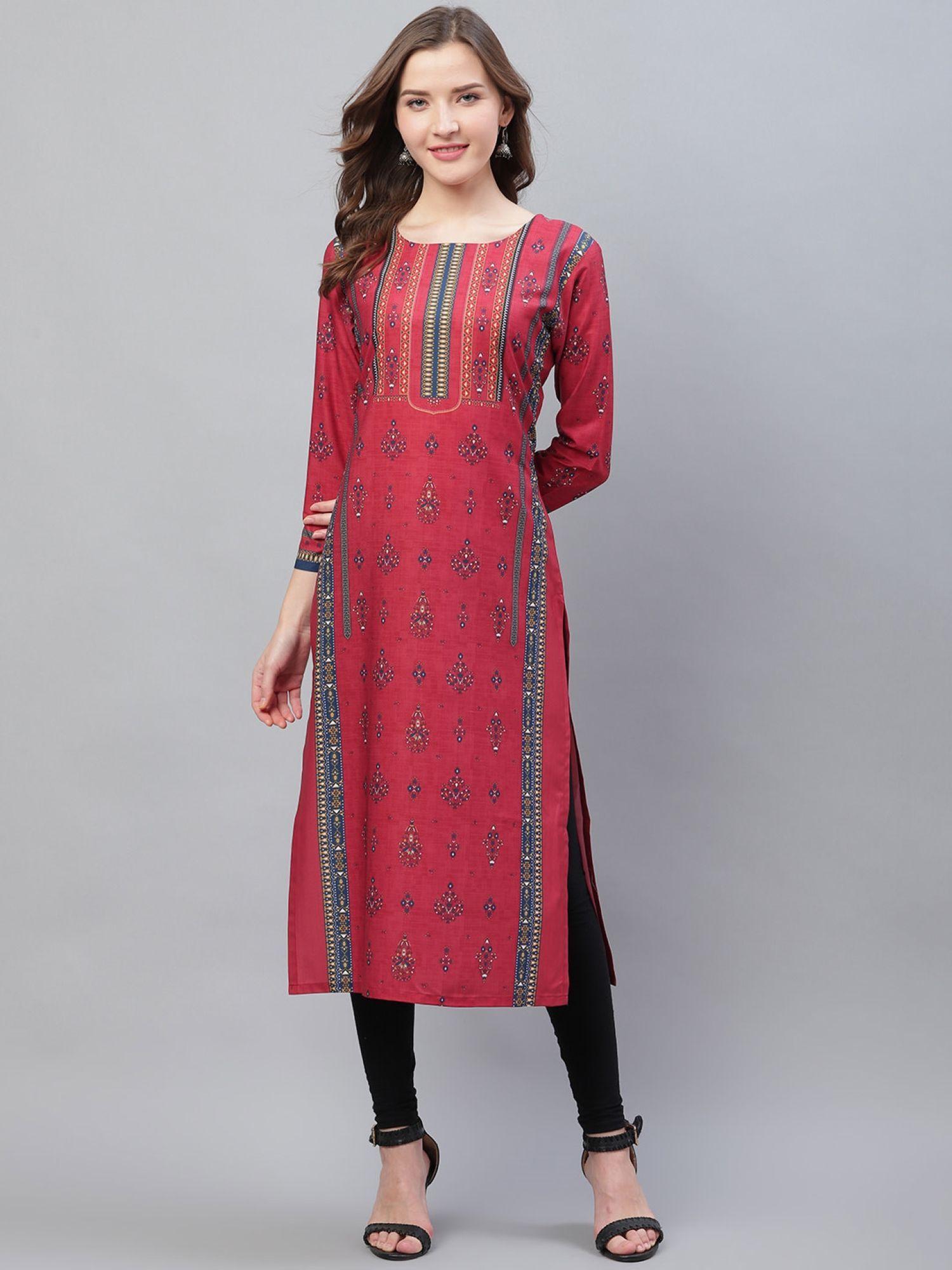 women maroon poly crepe printed straight kurta (pk1836)