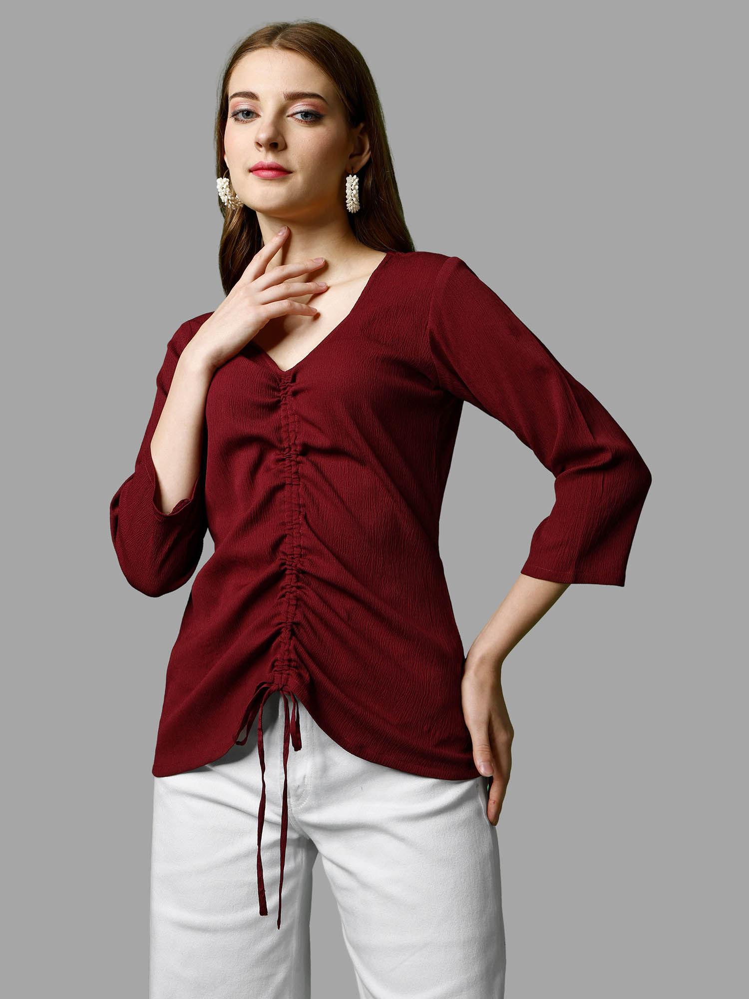 women maroon polyester blend v-neck regular fit top