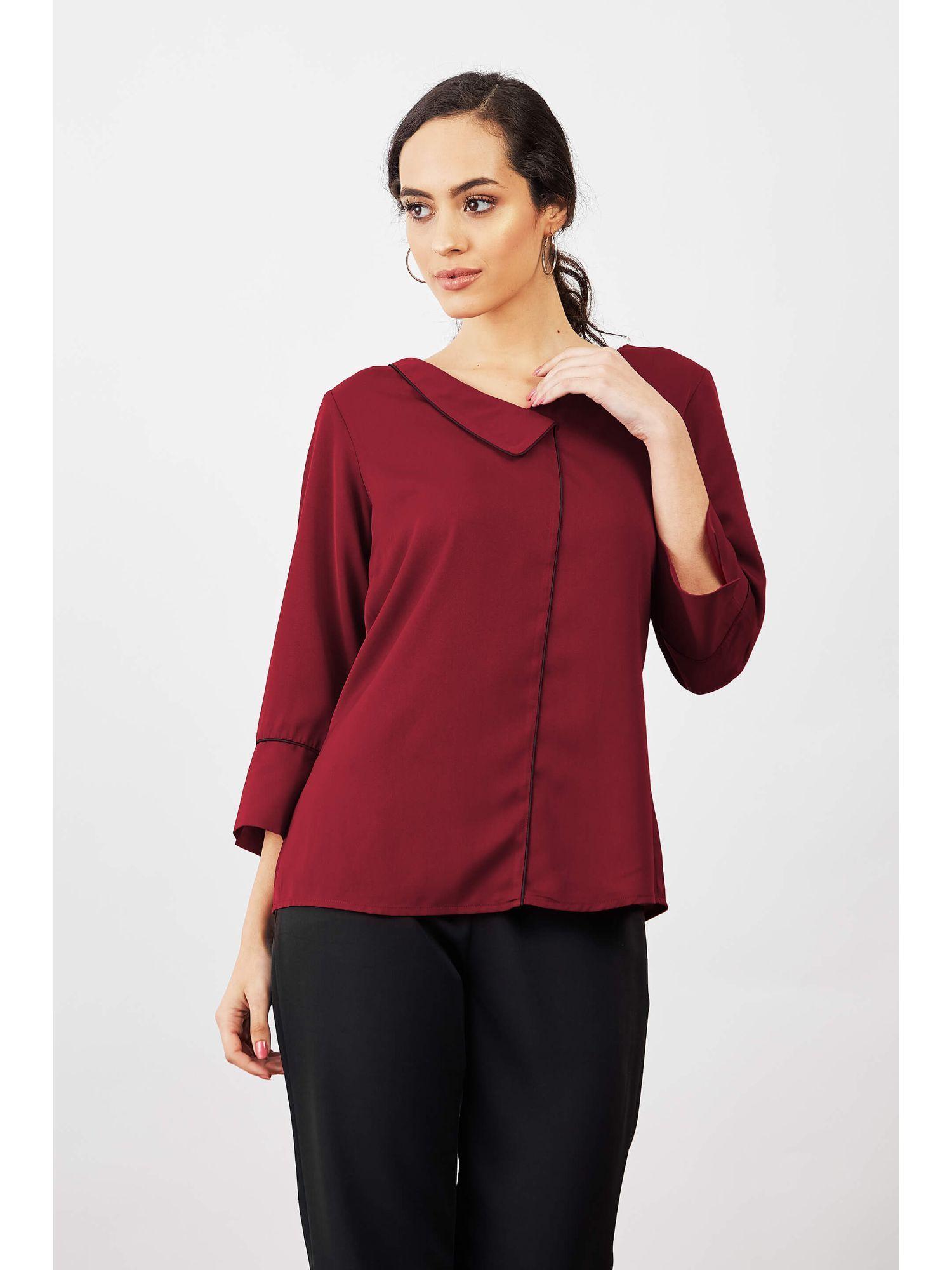 women maroon pom berry top