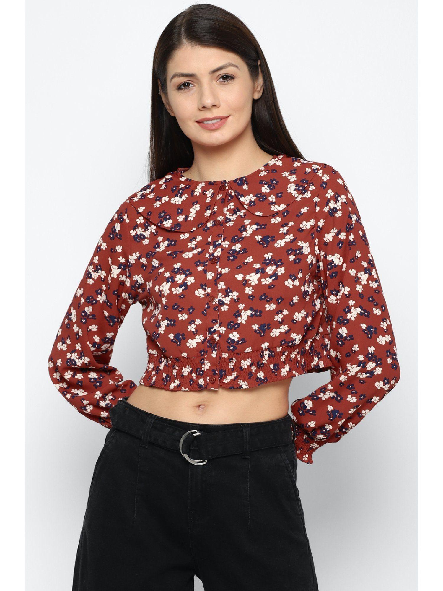 women maroon print casual top