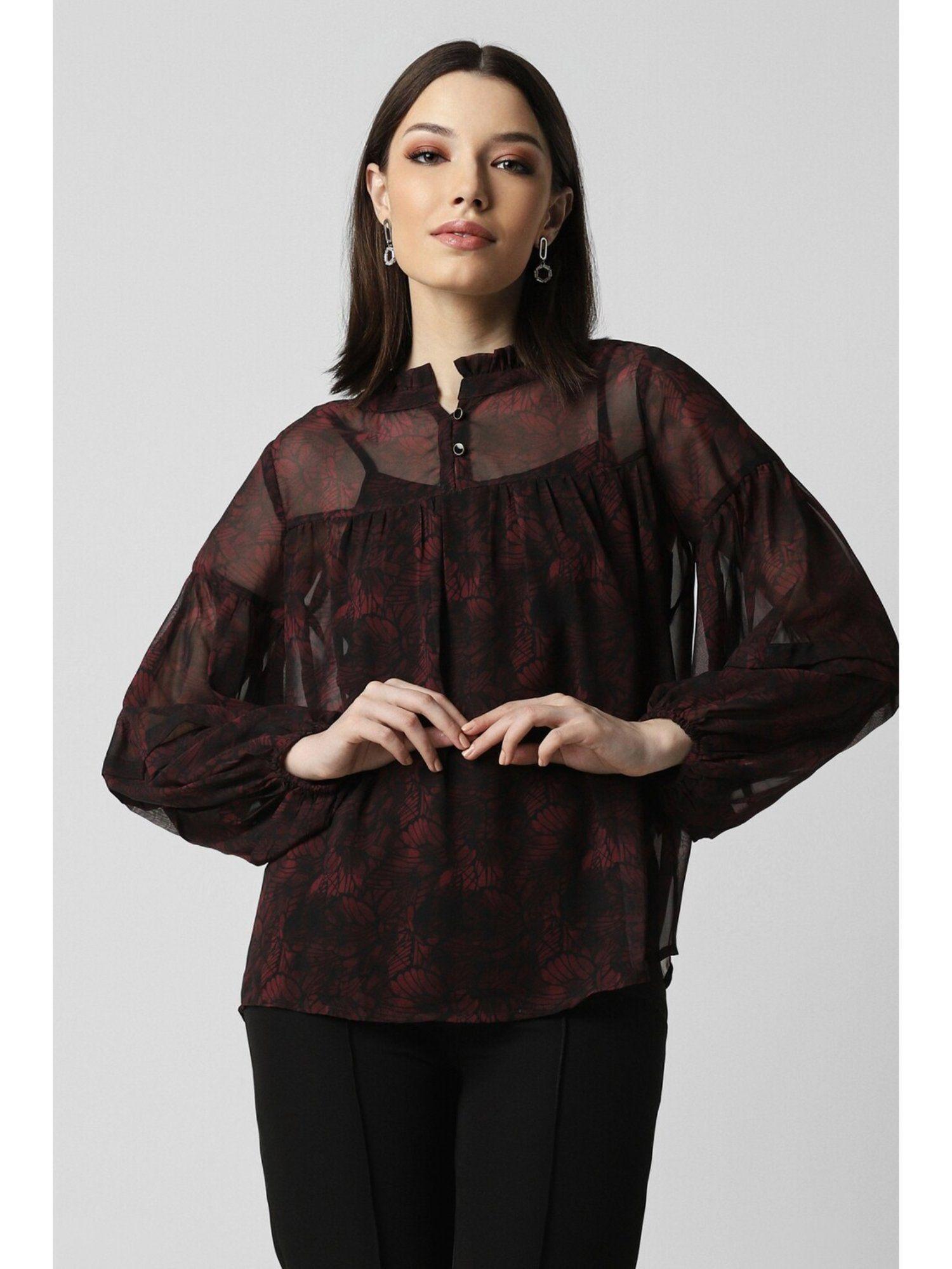 women maroon print long sleeves tunic