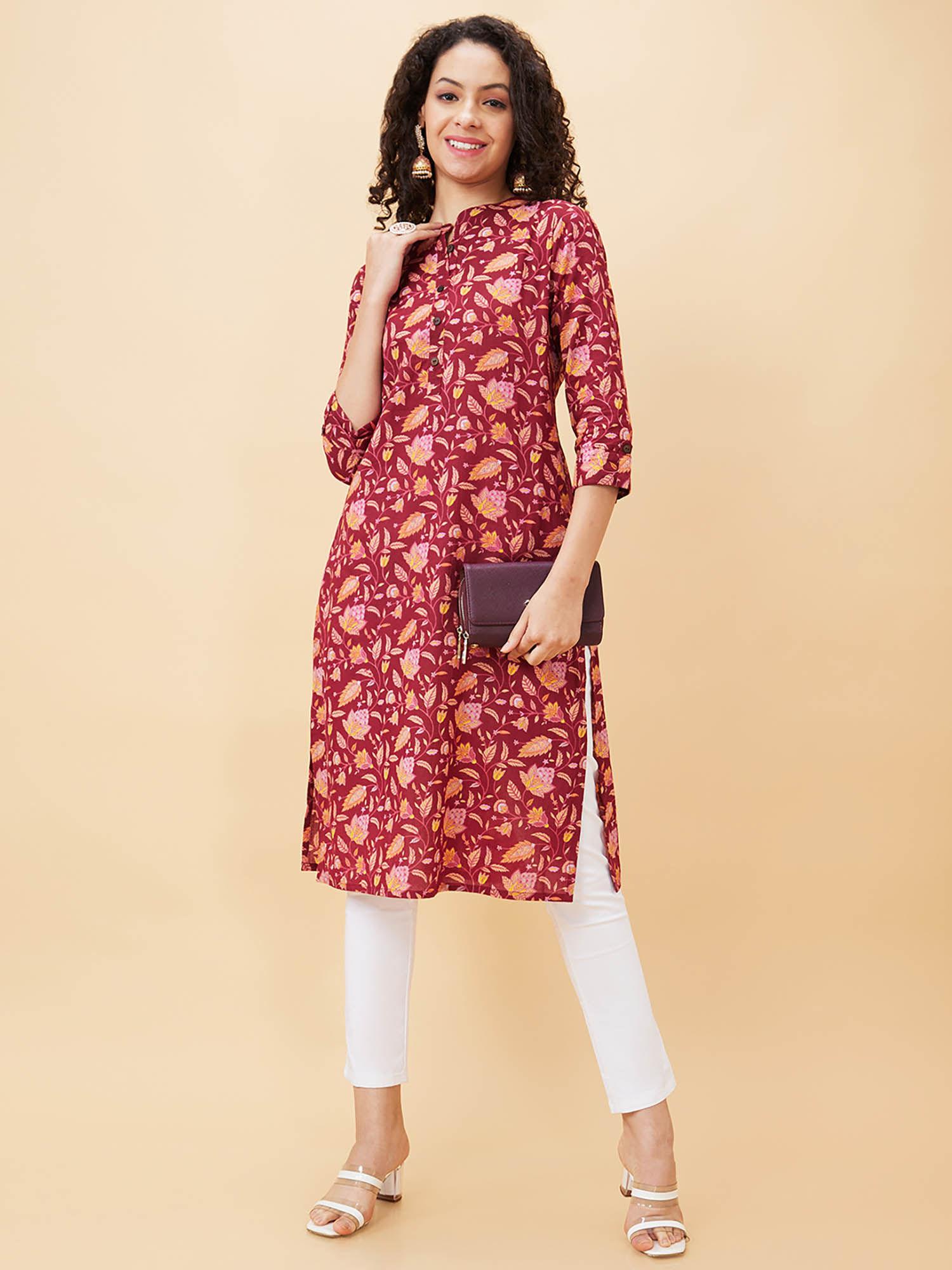 women maroon printed mandarin collar straight kurta