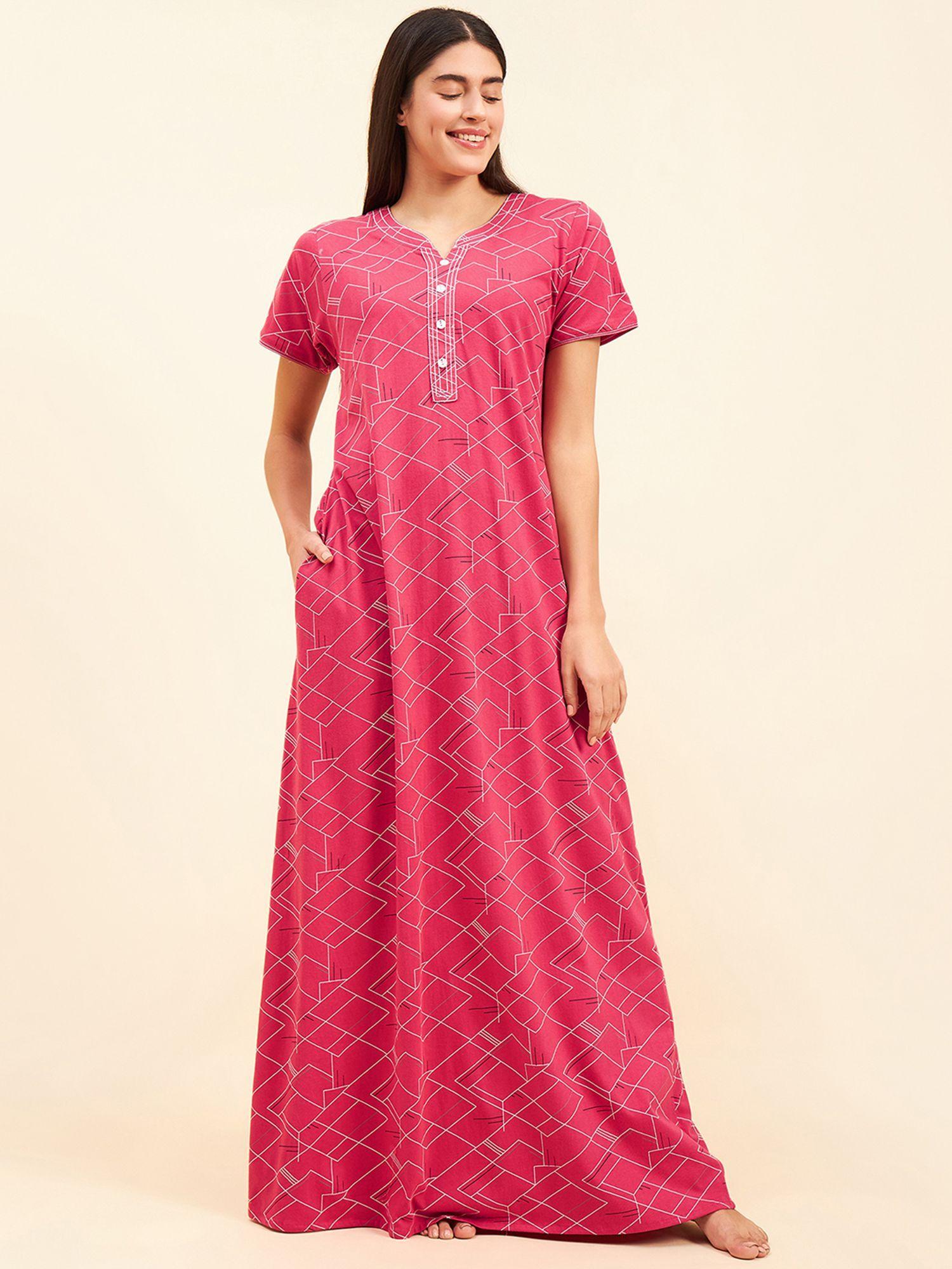 women maroon printed night dress