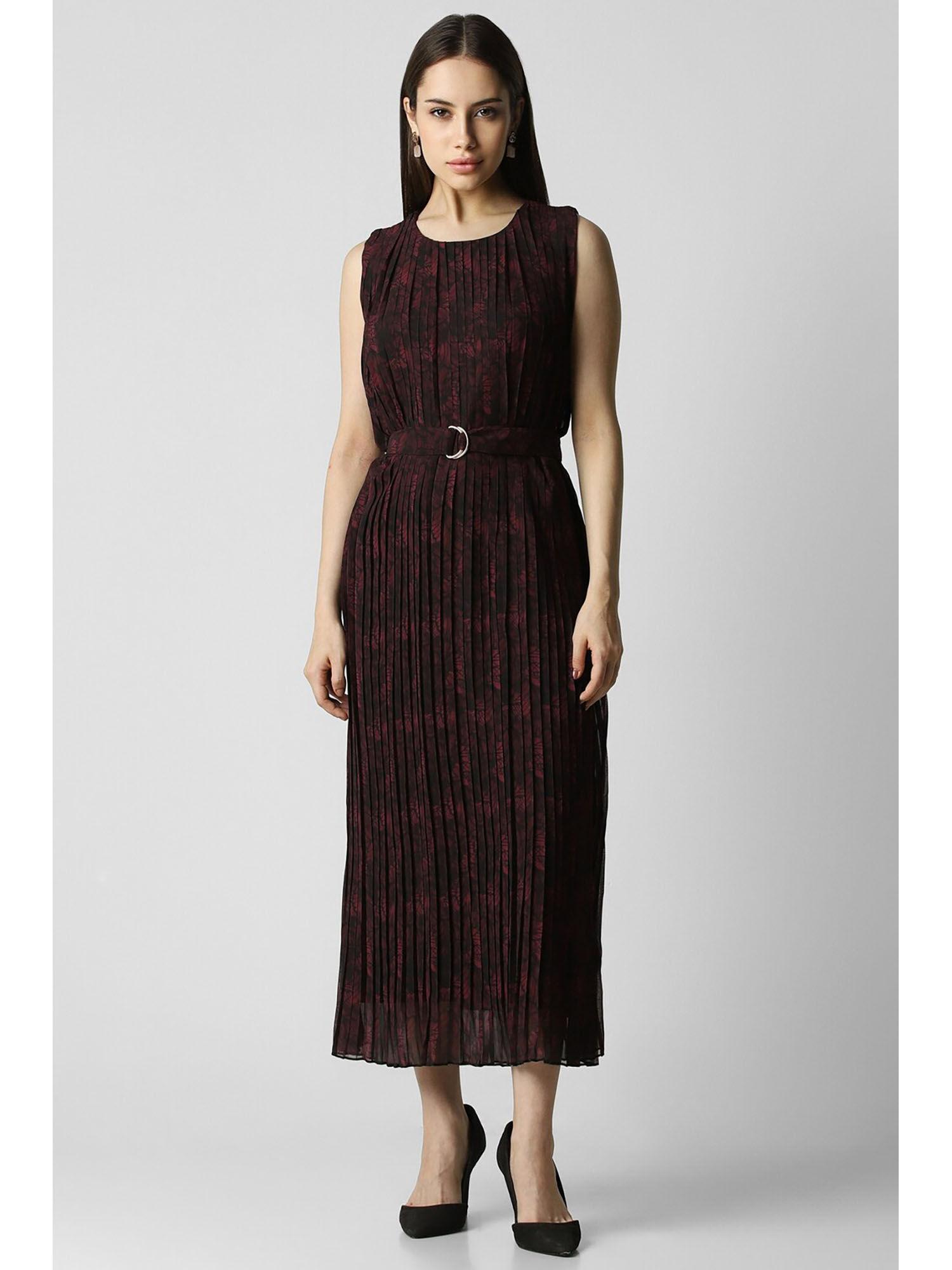 women maroon printed party midi dress with belt (set of 2)