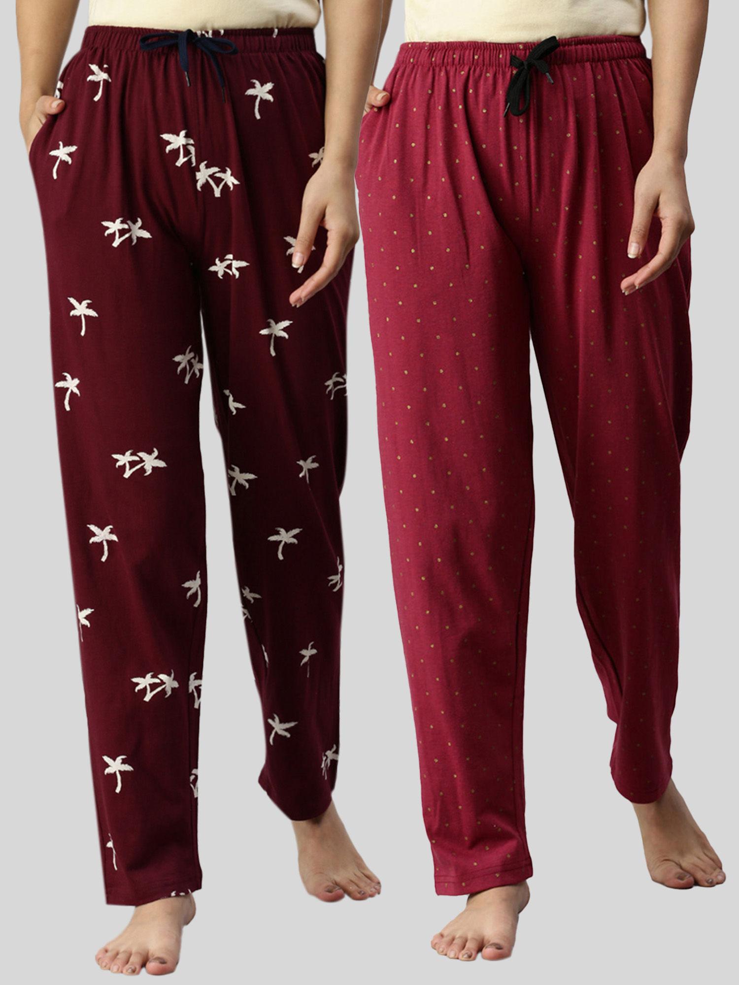 women maroon printed pure cotton lounge pants (pack of 2)