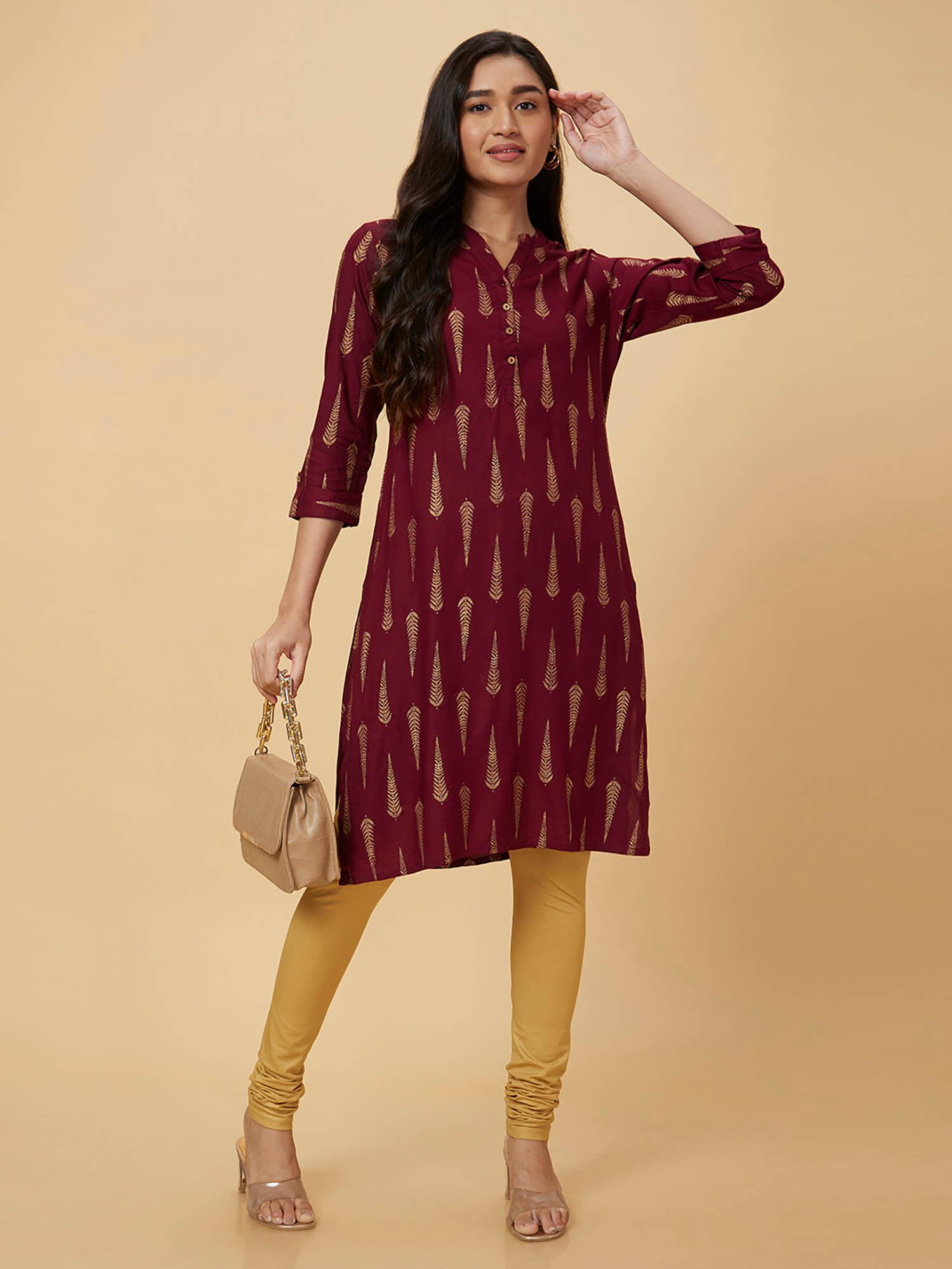 women maroon printed straight kurta