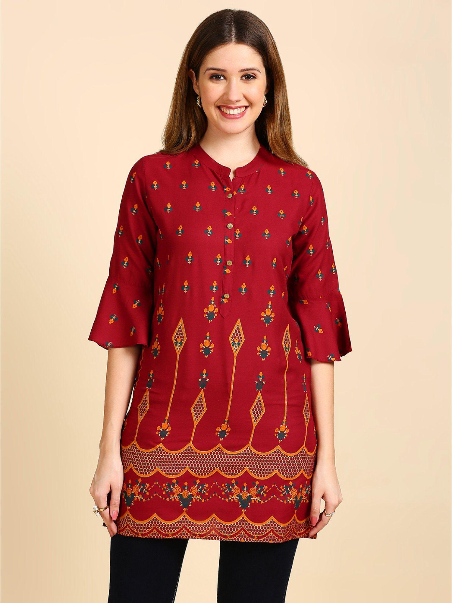 women maroon printed straight kurti