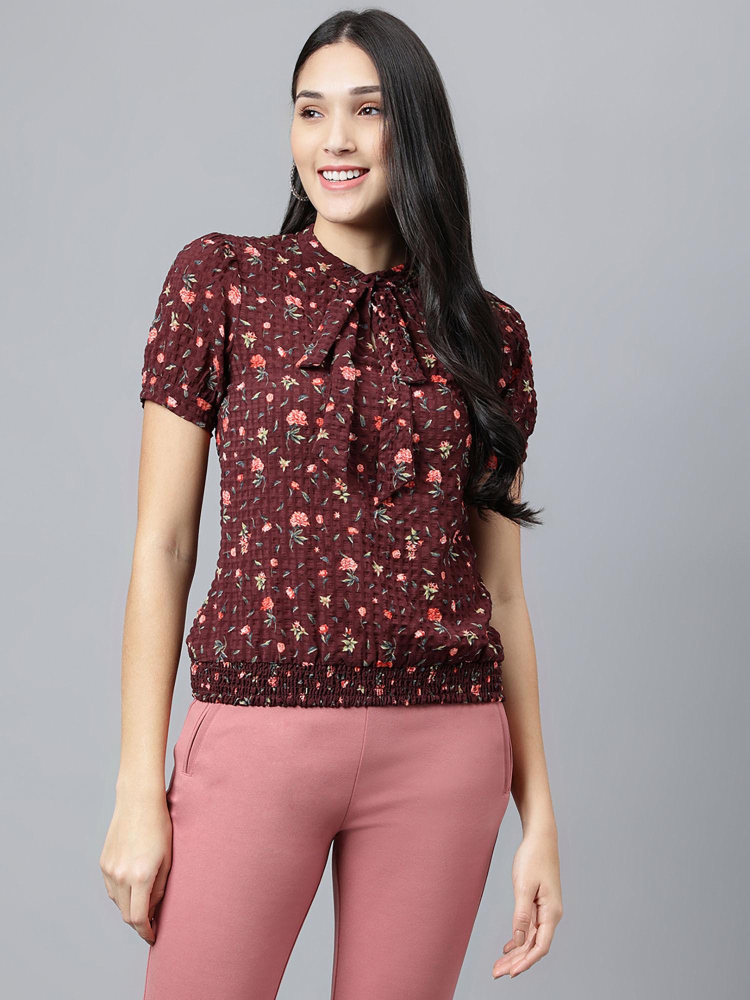 women maroon printed top