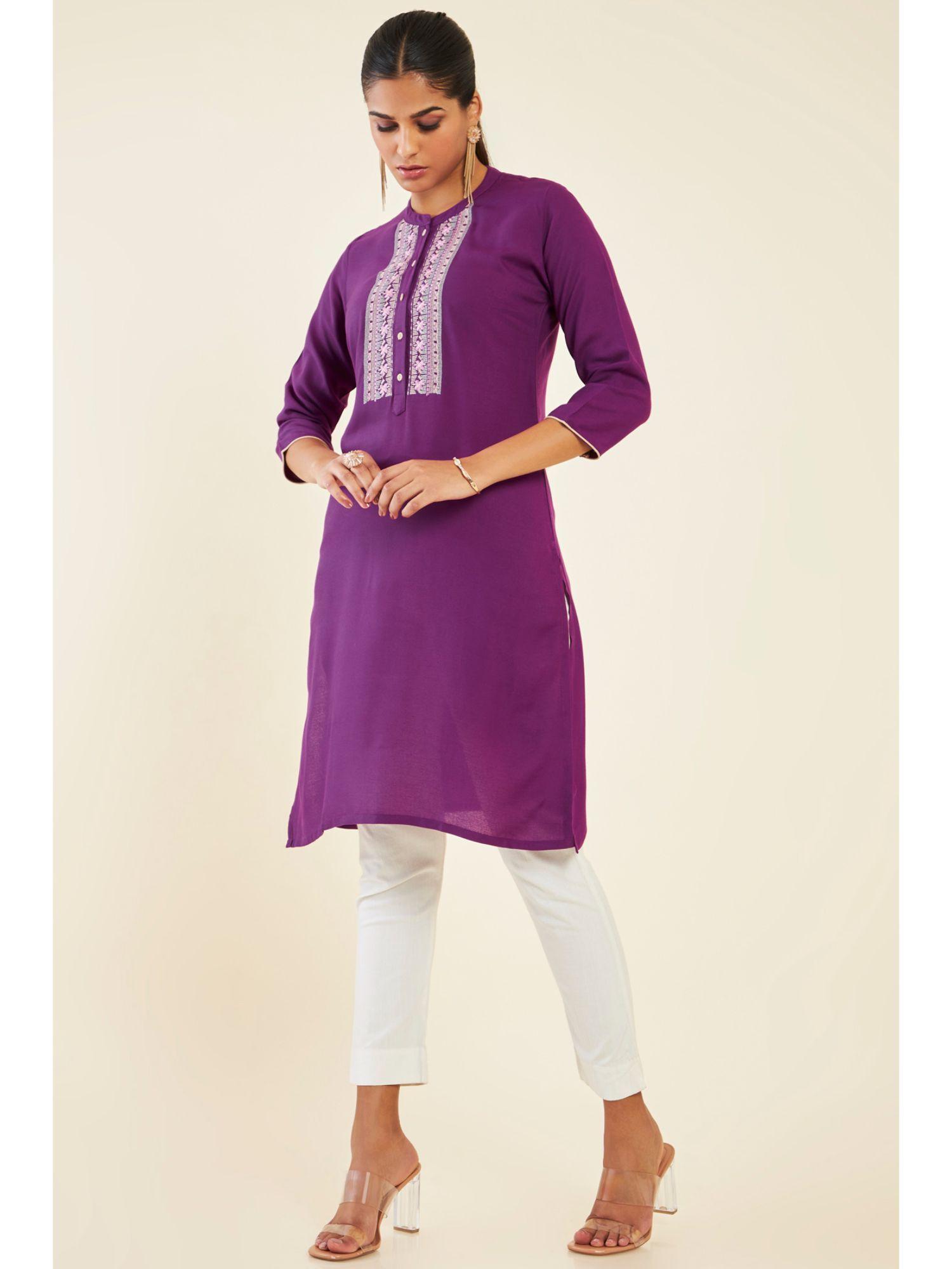 women maroon rayon embroidered kurta