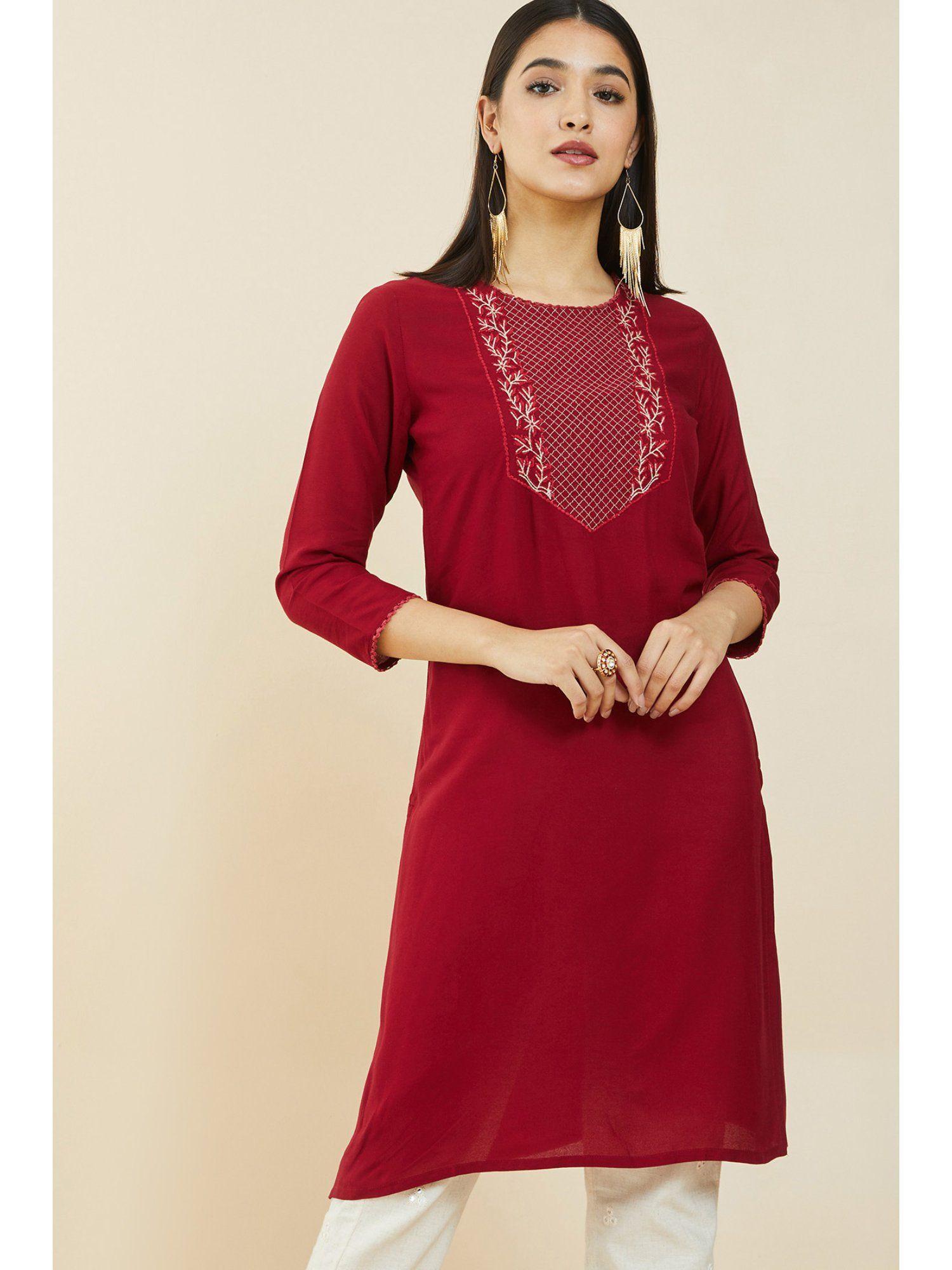 women maroon rayon embroidered kurta