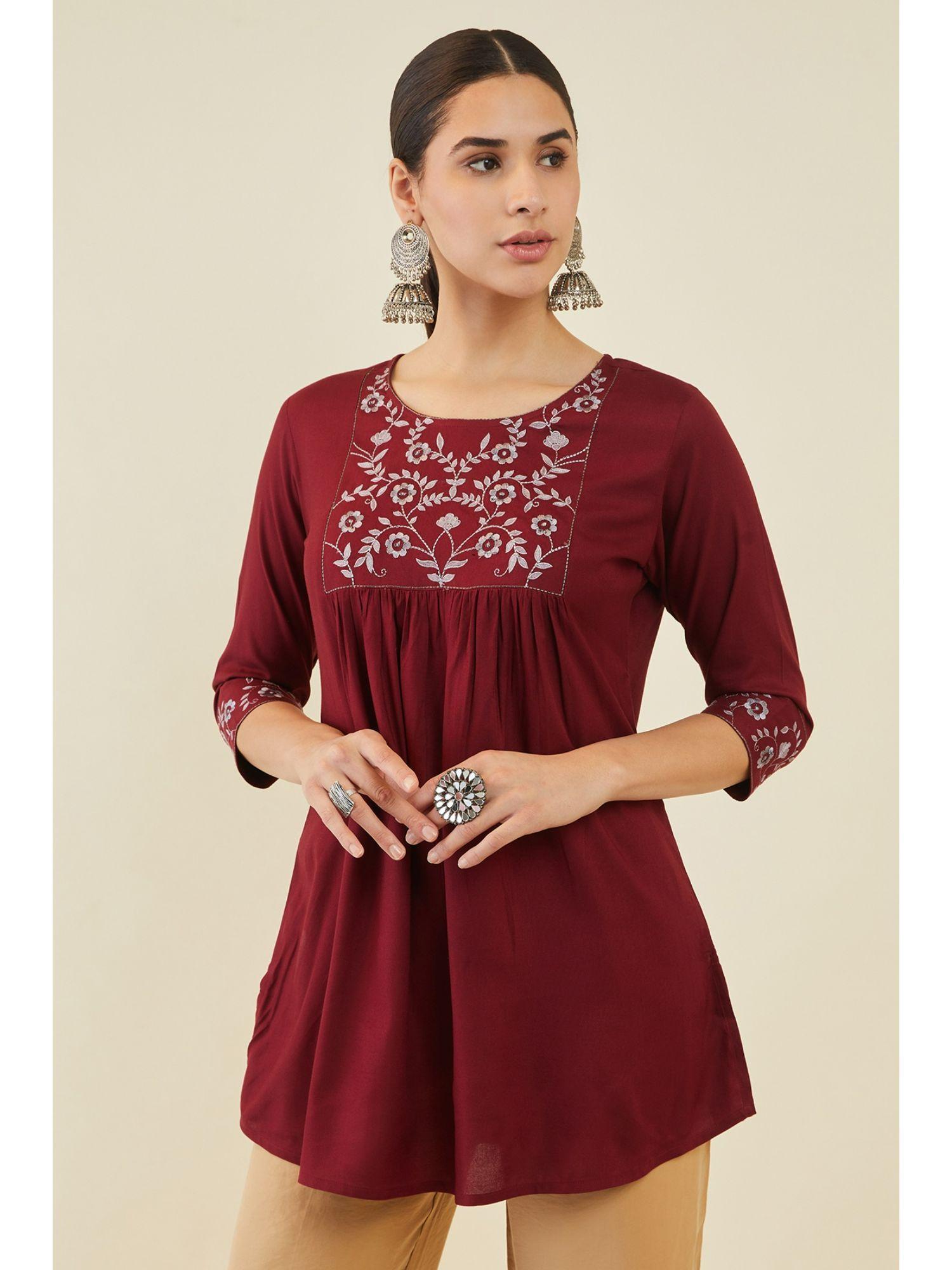 women maroon rayon embroidered tunic