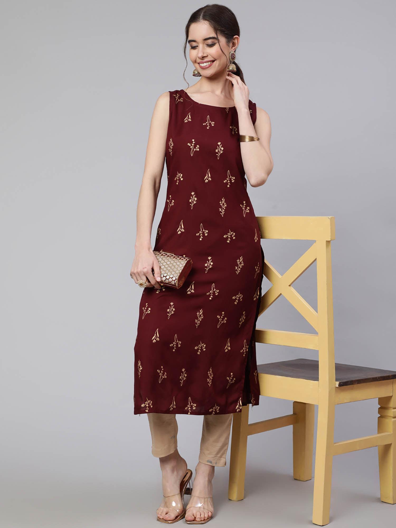 women maroon rayon floral printed round neck kurta