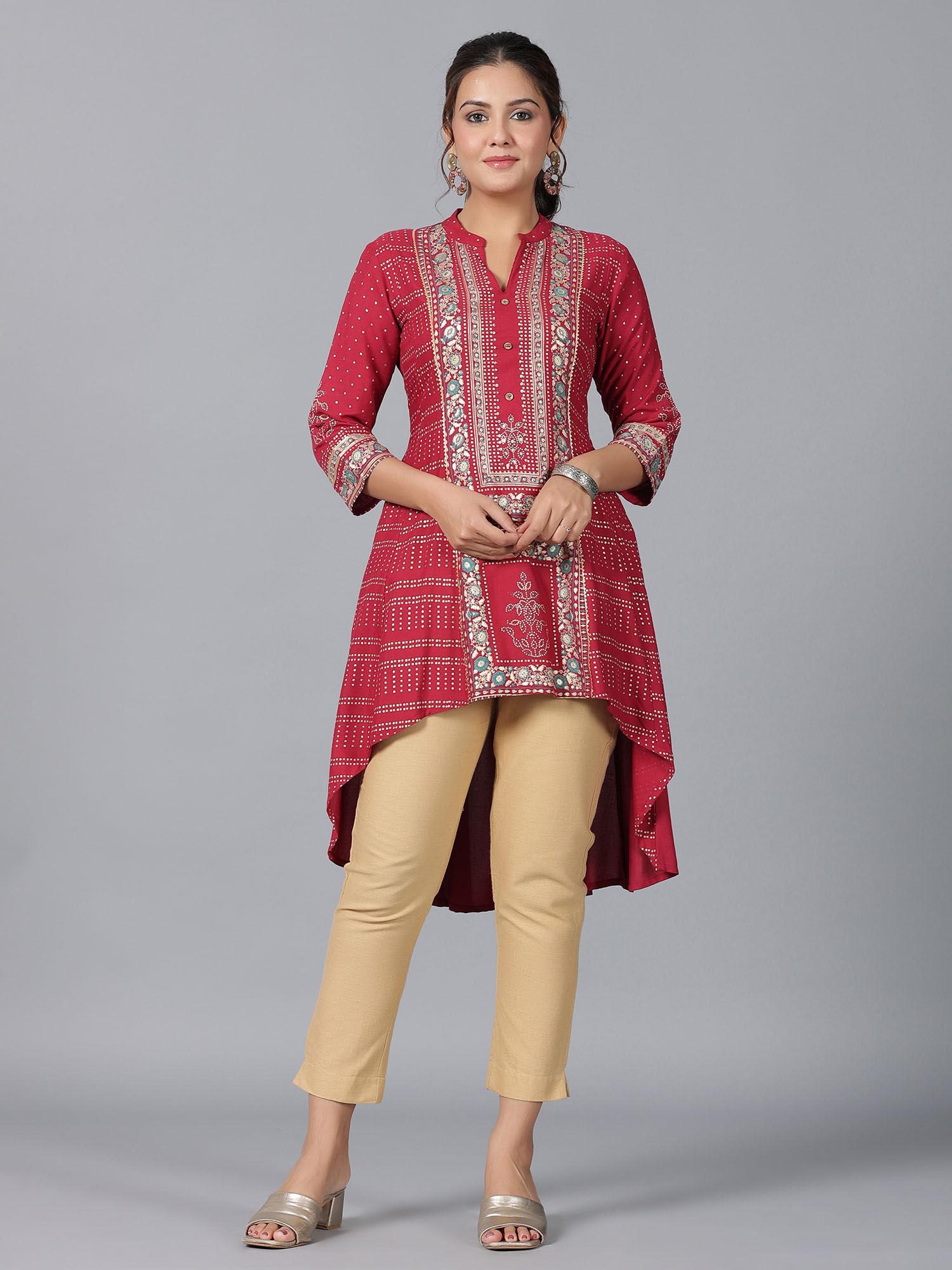 women maroon rayon foil printed high low kurti