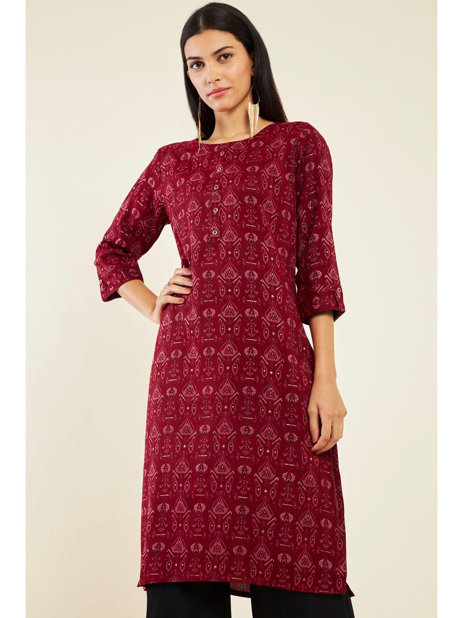 women maroon rayon printed kurta