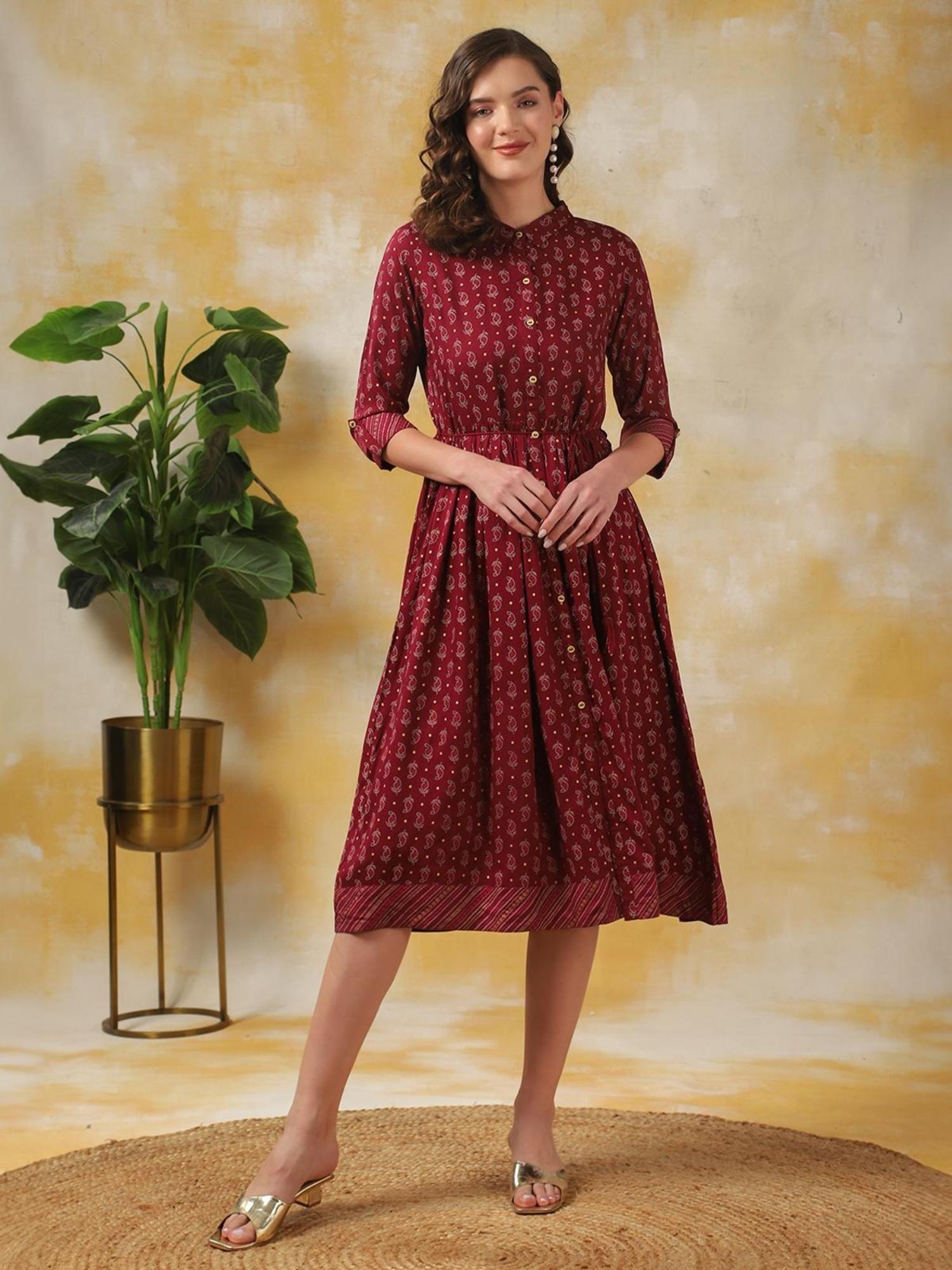 women maroon rayon printed shirt dress calf length ethnic dress with belt (set of 2)