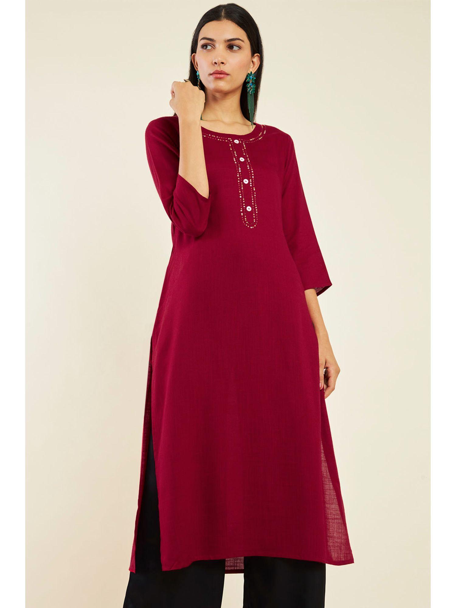 women maroon rayon solid/plain kurta