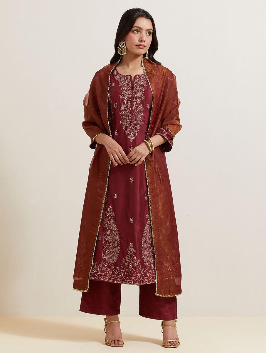 women maroon red chanderi silk embroidered round neck a line regular kurta, pants & dupatta