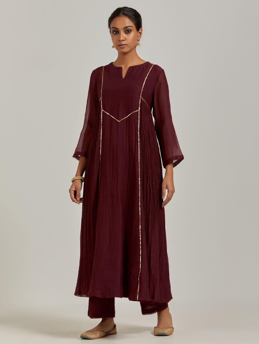 women maroon red chanderi silk embroidered round neck a line regular kurta with pants