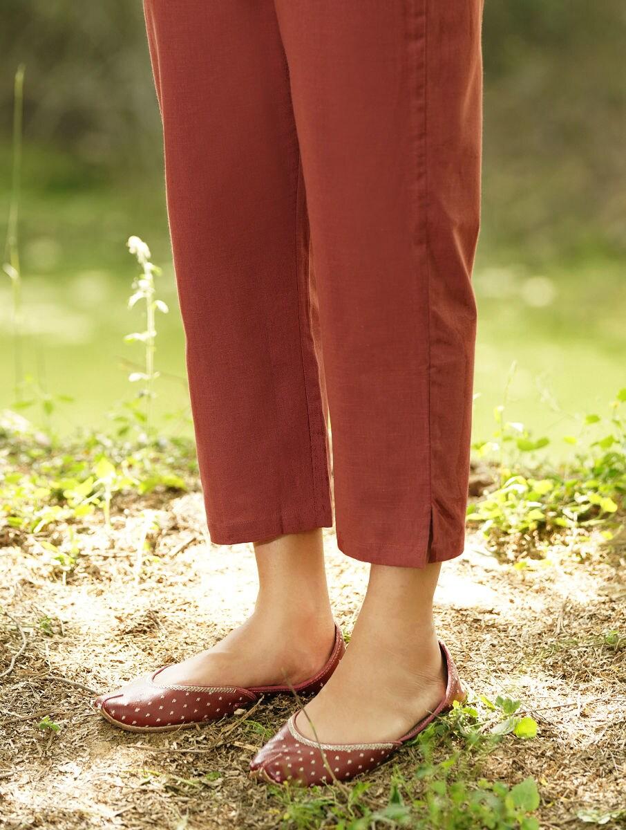 women maroon red cotton solid ankle length regular fit pants