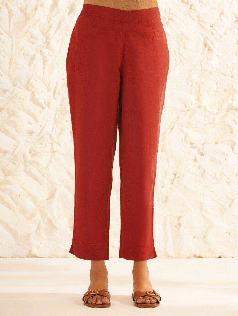 women maroon red cotton solid ankle length straight fit pants