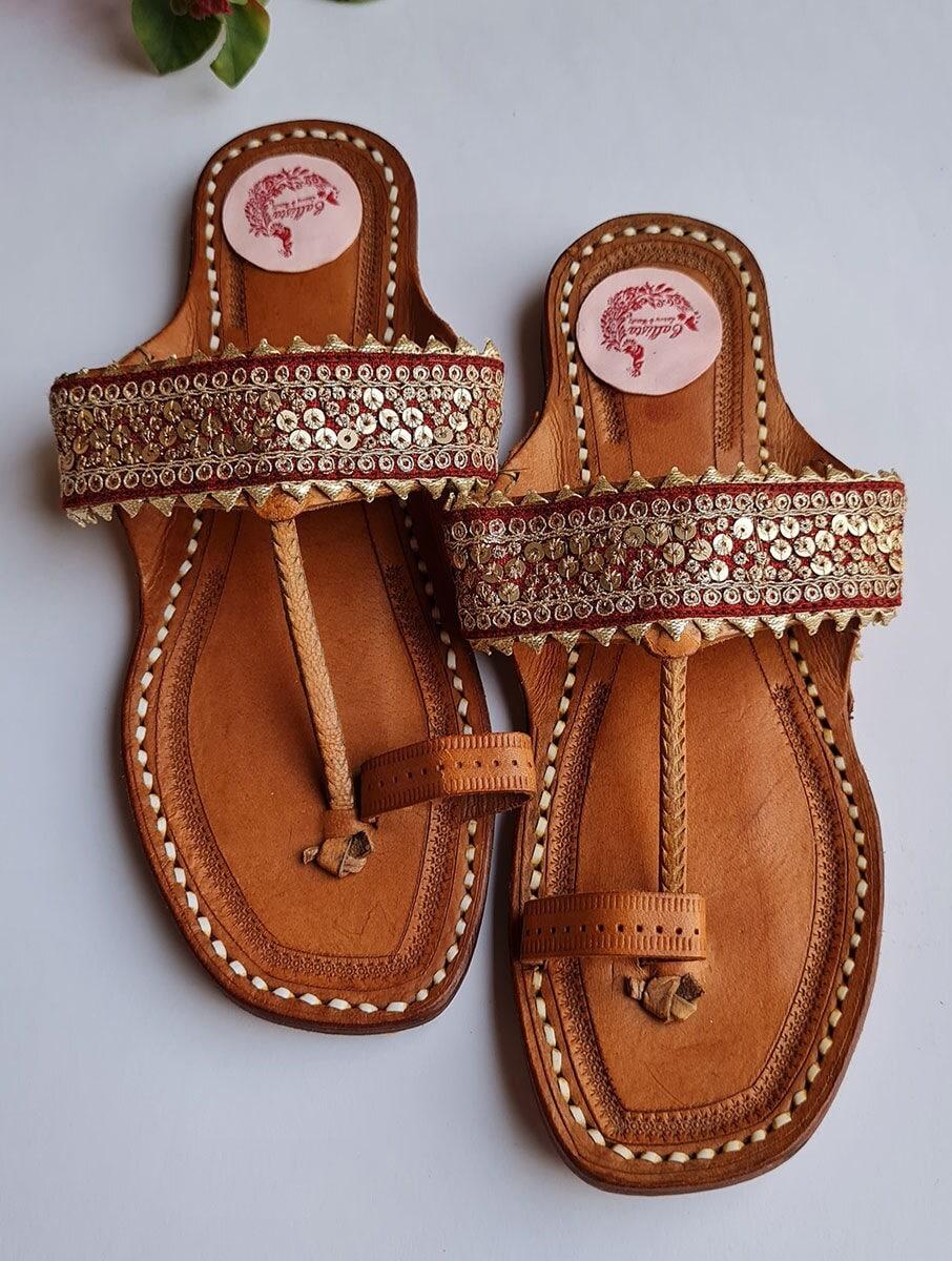 women maroon red leather embellished open back one toe flats kolhapuris