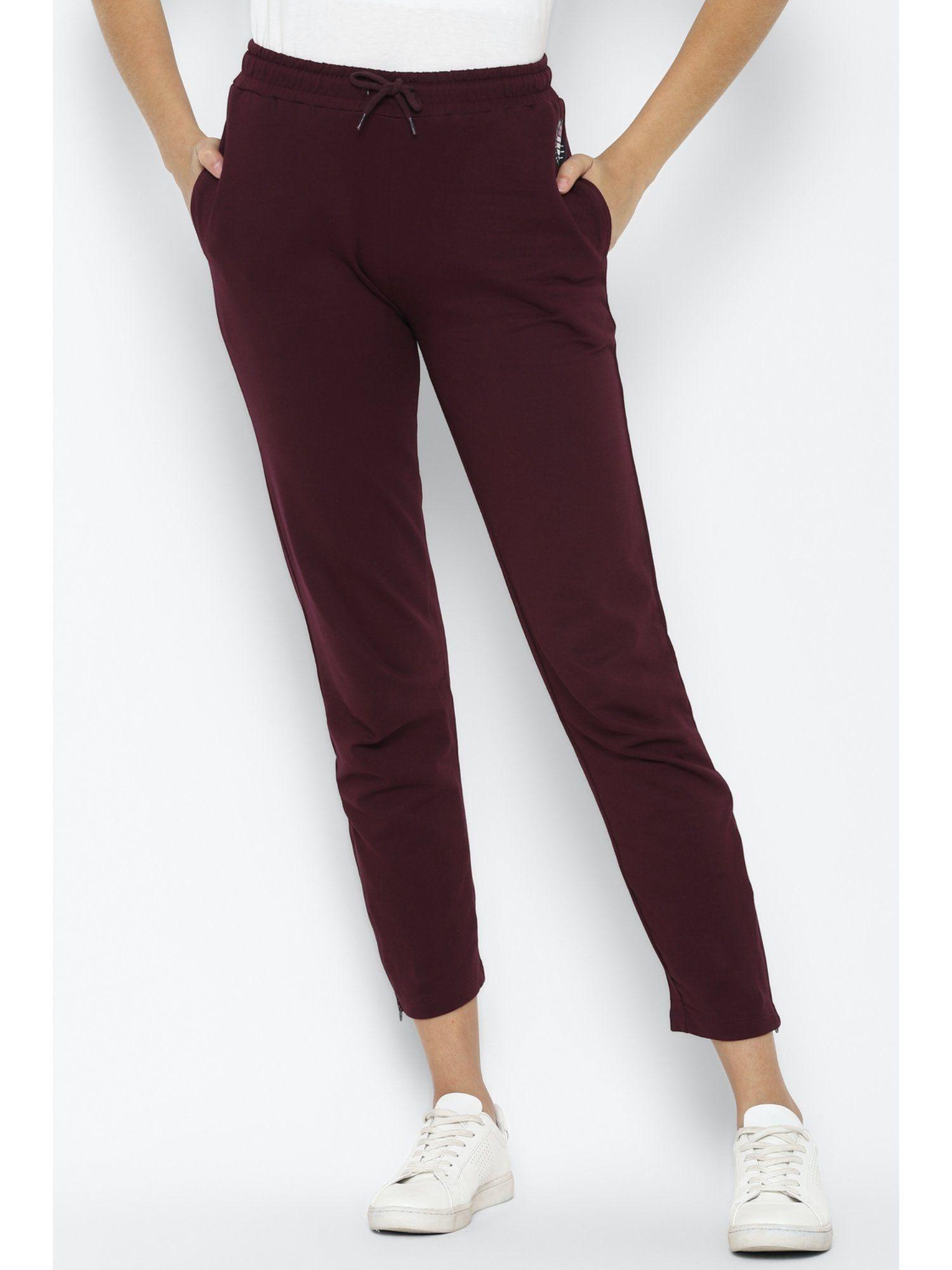 women maroon regular fit solid casual trousers