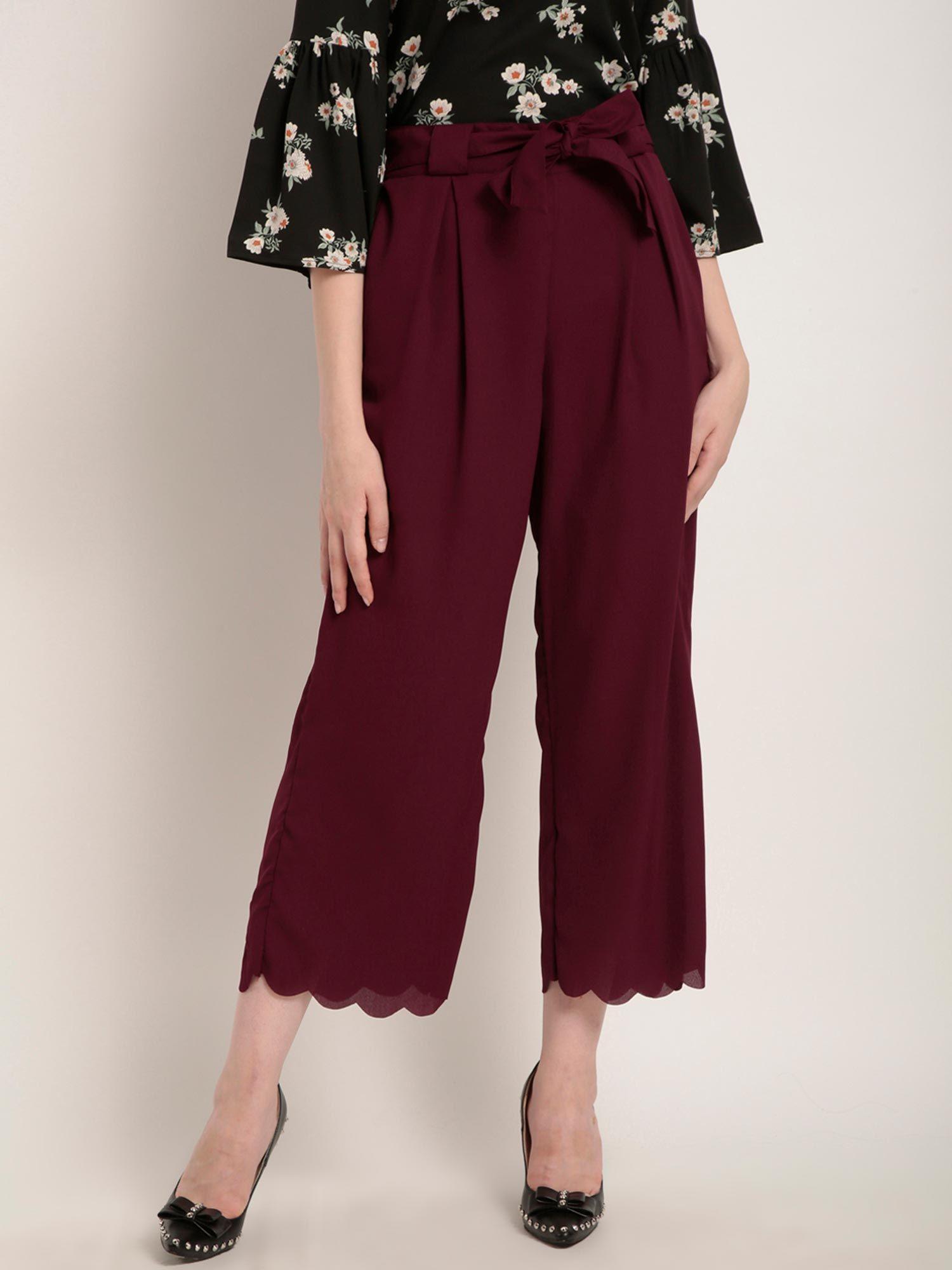 women maroon regular fit solid culottes