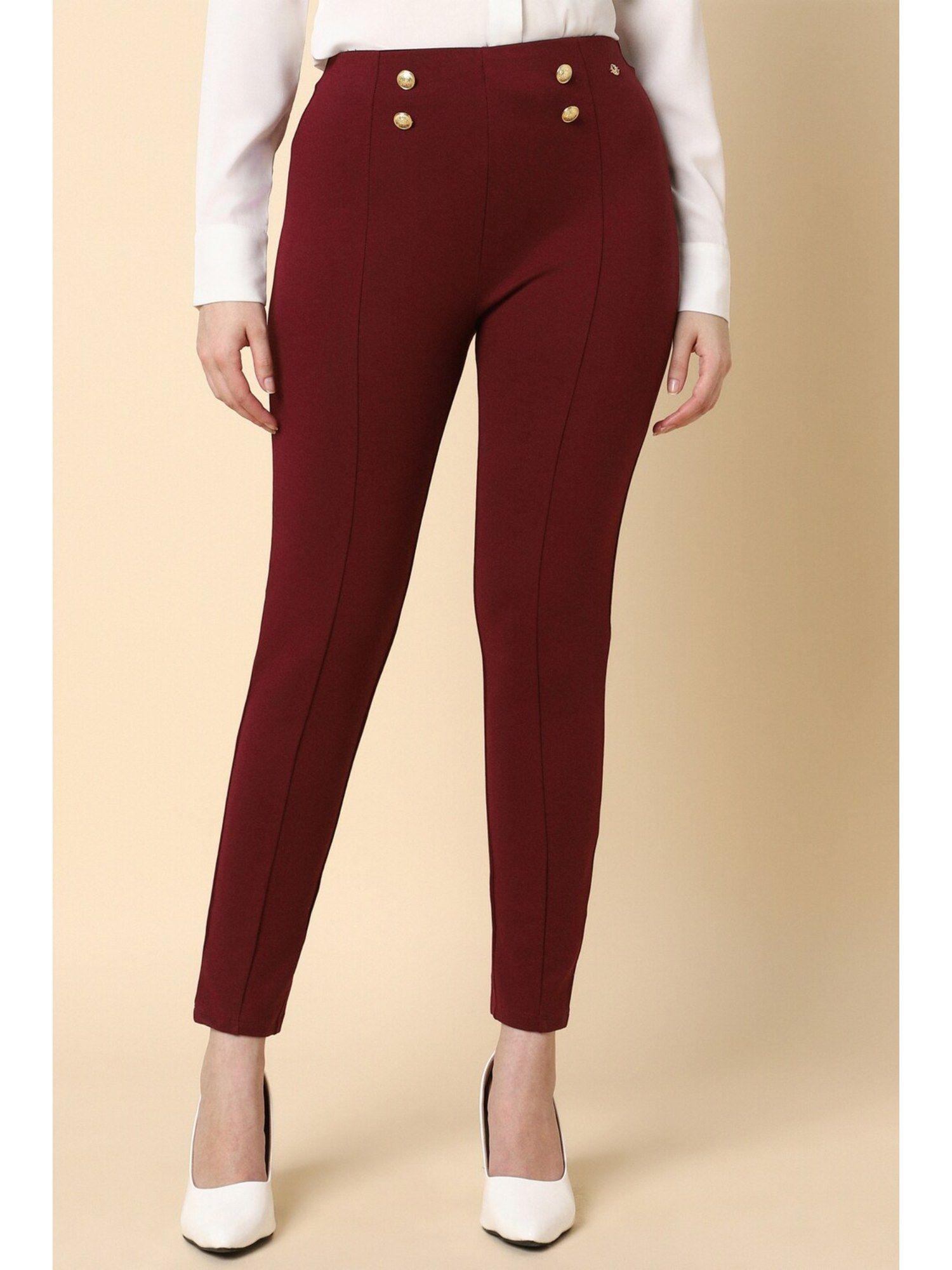 women maroon regular fit solid formal trousers