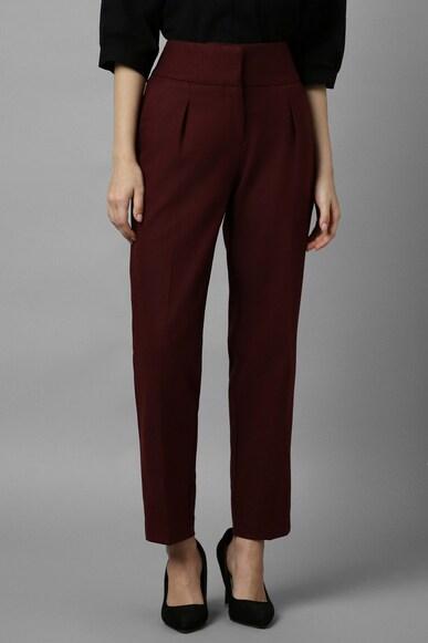 women maroon regular fit solid formal trousers