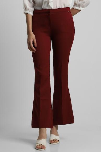 women maroon regular fit solid formal trousers