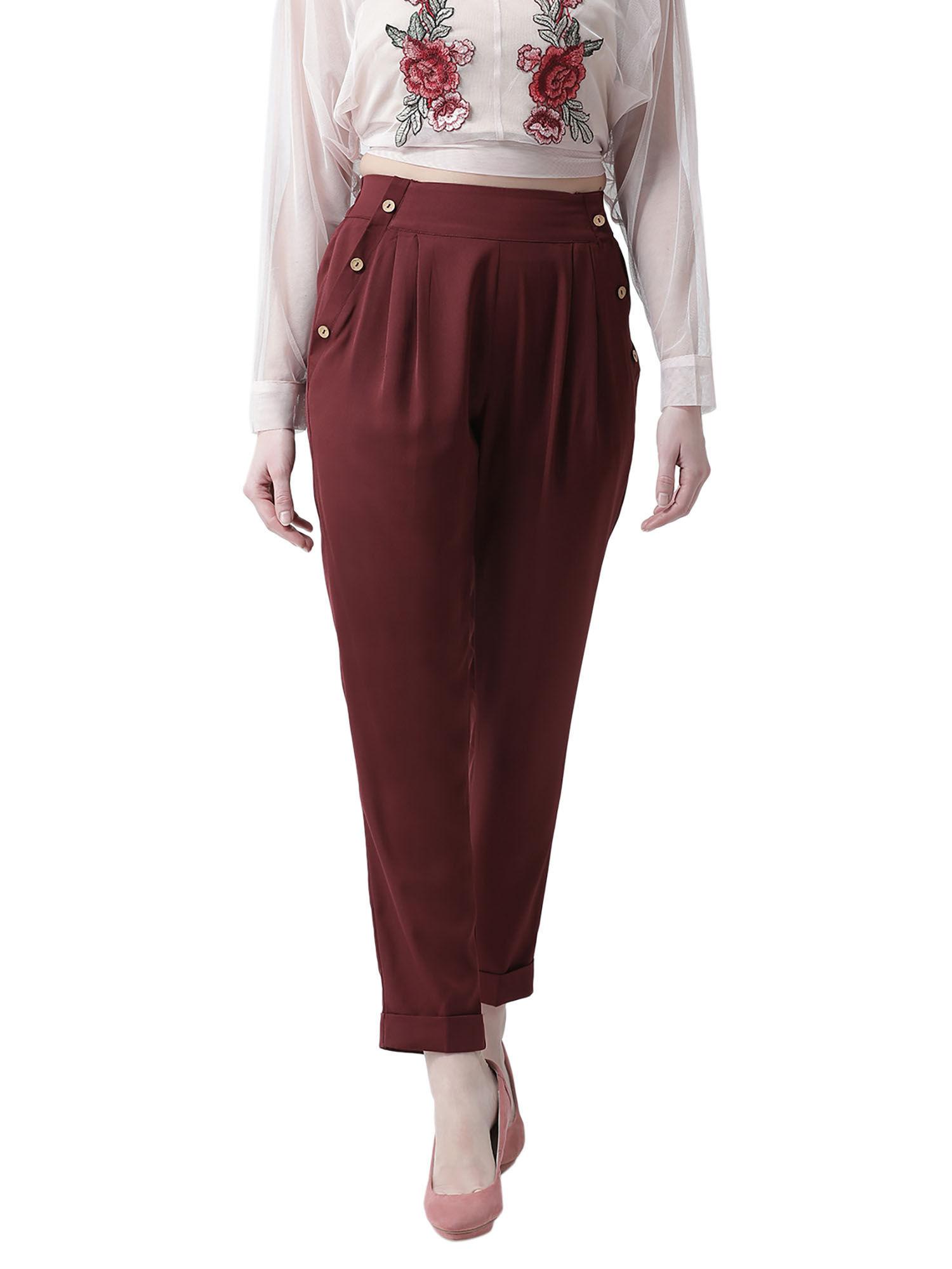 women maroon regular fit solid straight high waist pant