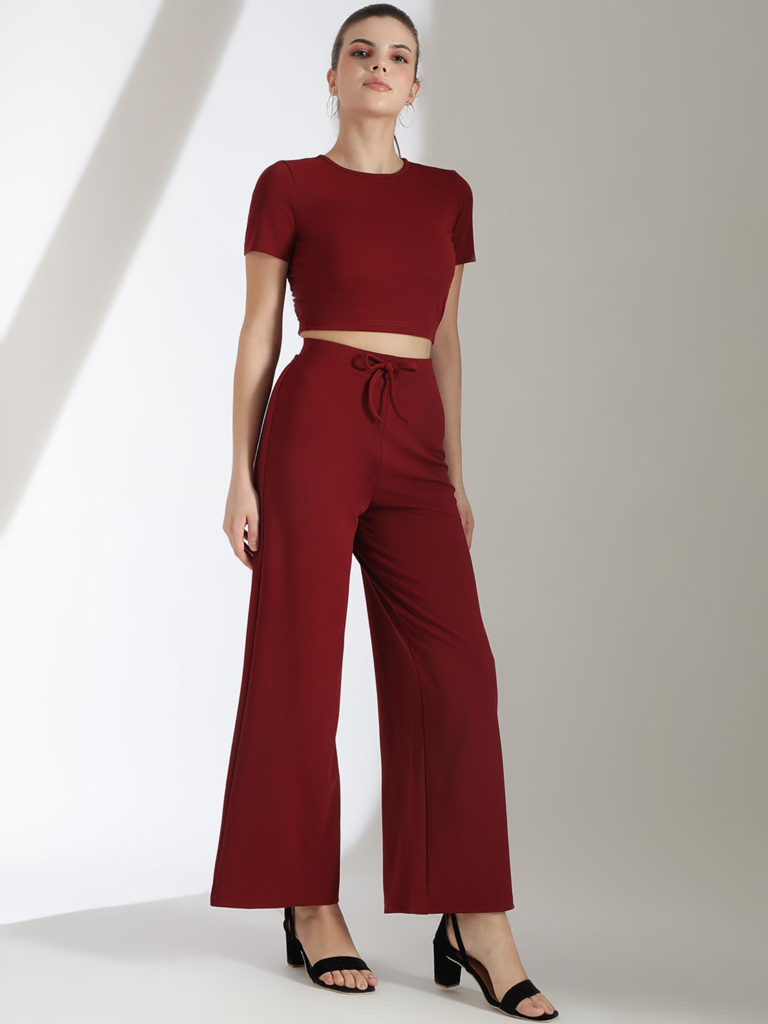 women maroon round-neck co-ord (set of 2)