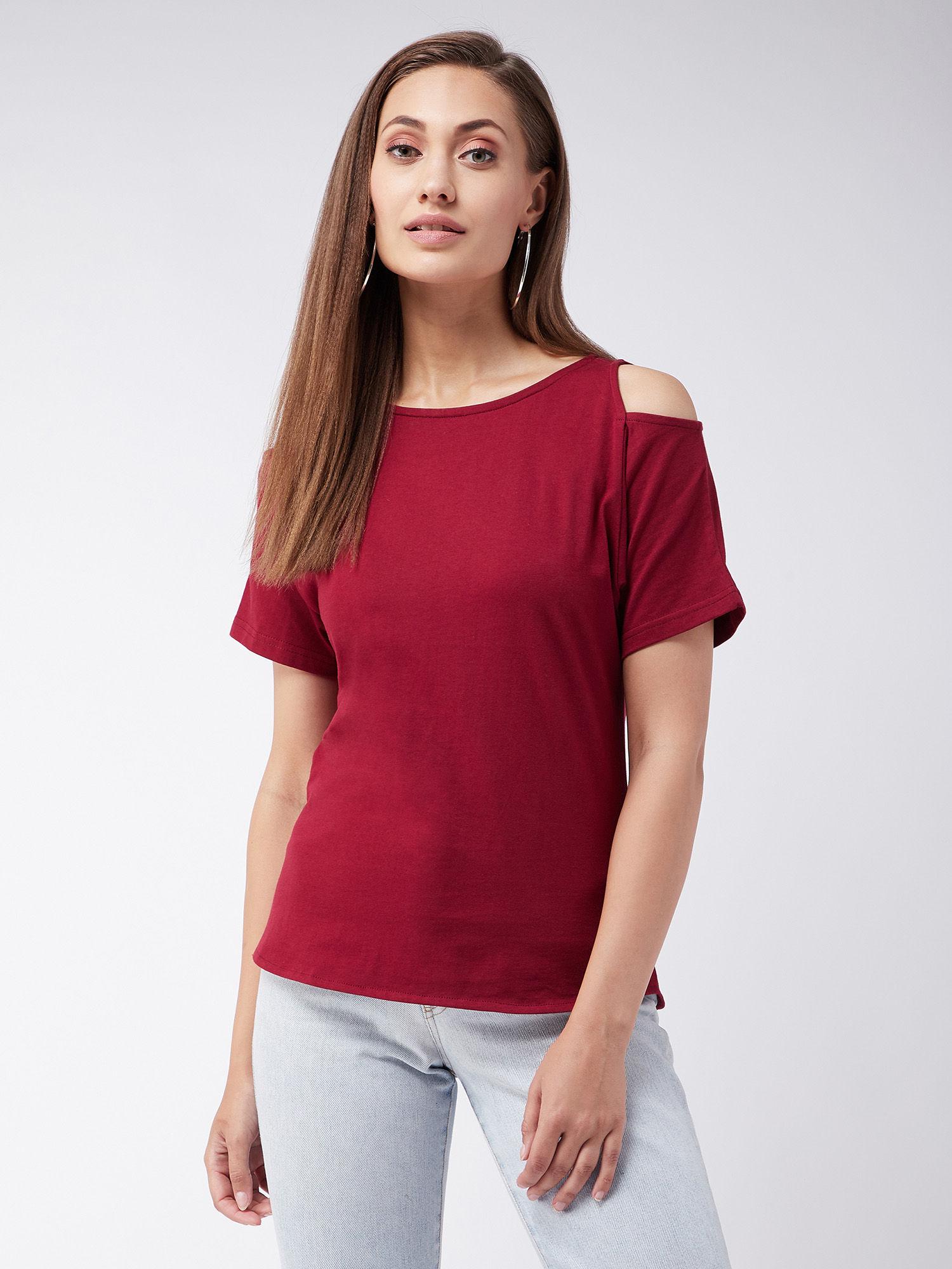 women maroon round neck half sleeve solid cut out top