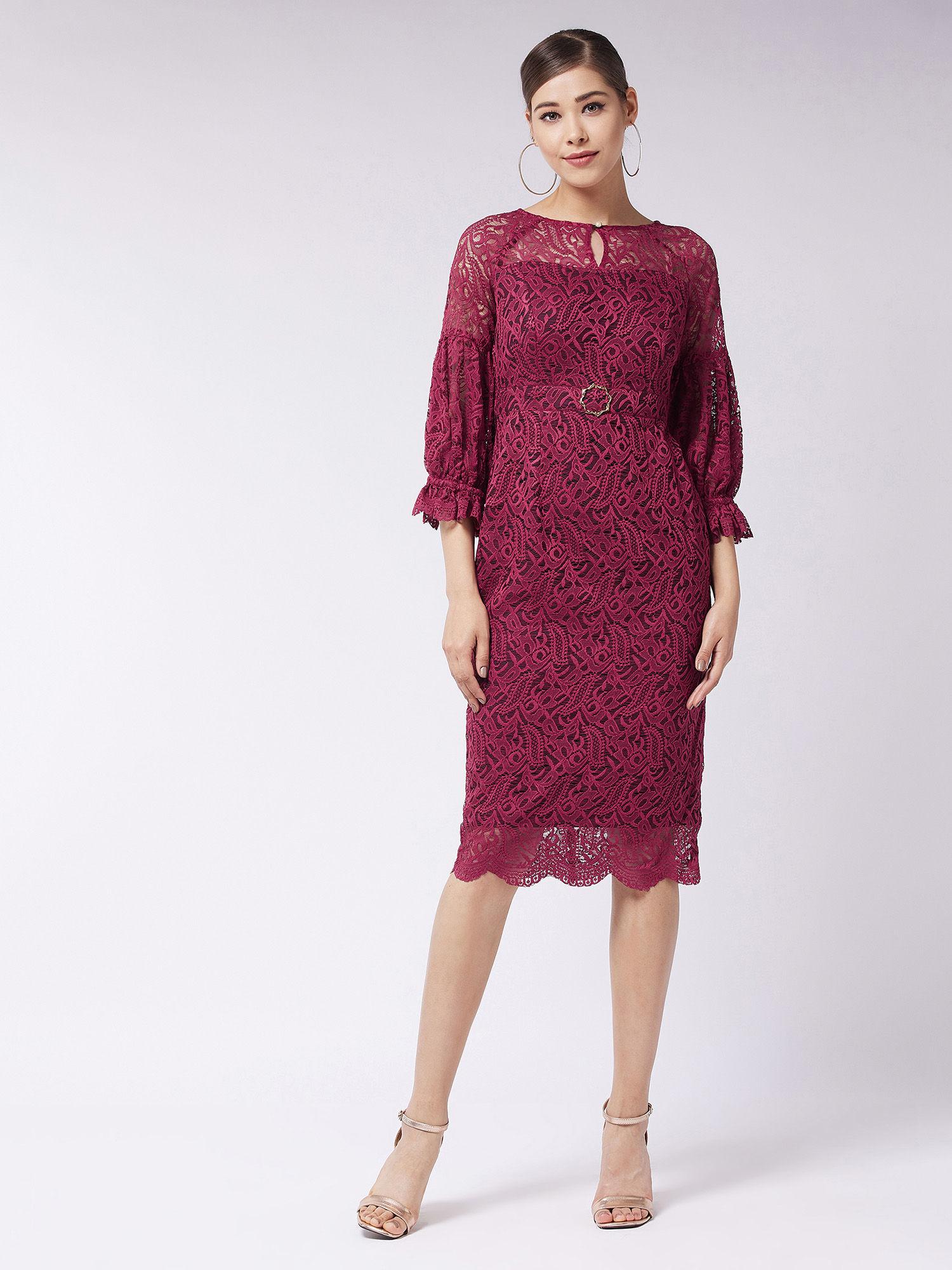 women maroon round neck puff sleeve floral lace overlaid midi dress