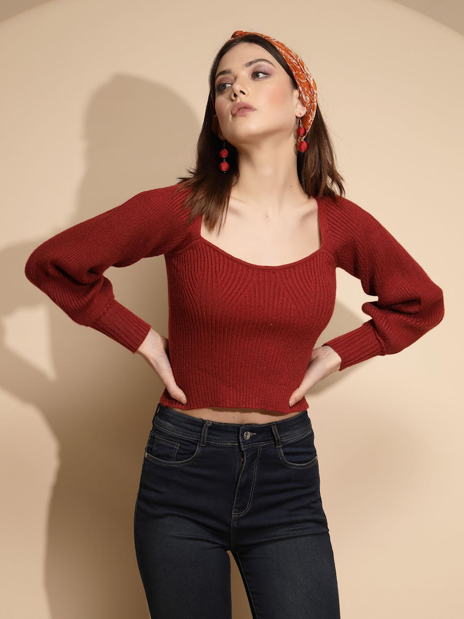 women maroon scoop neck woolen sweater