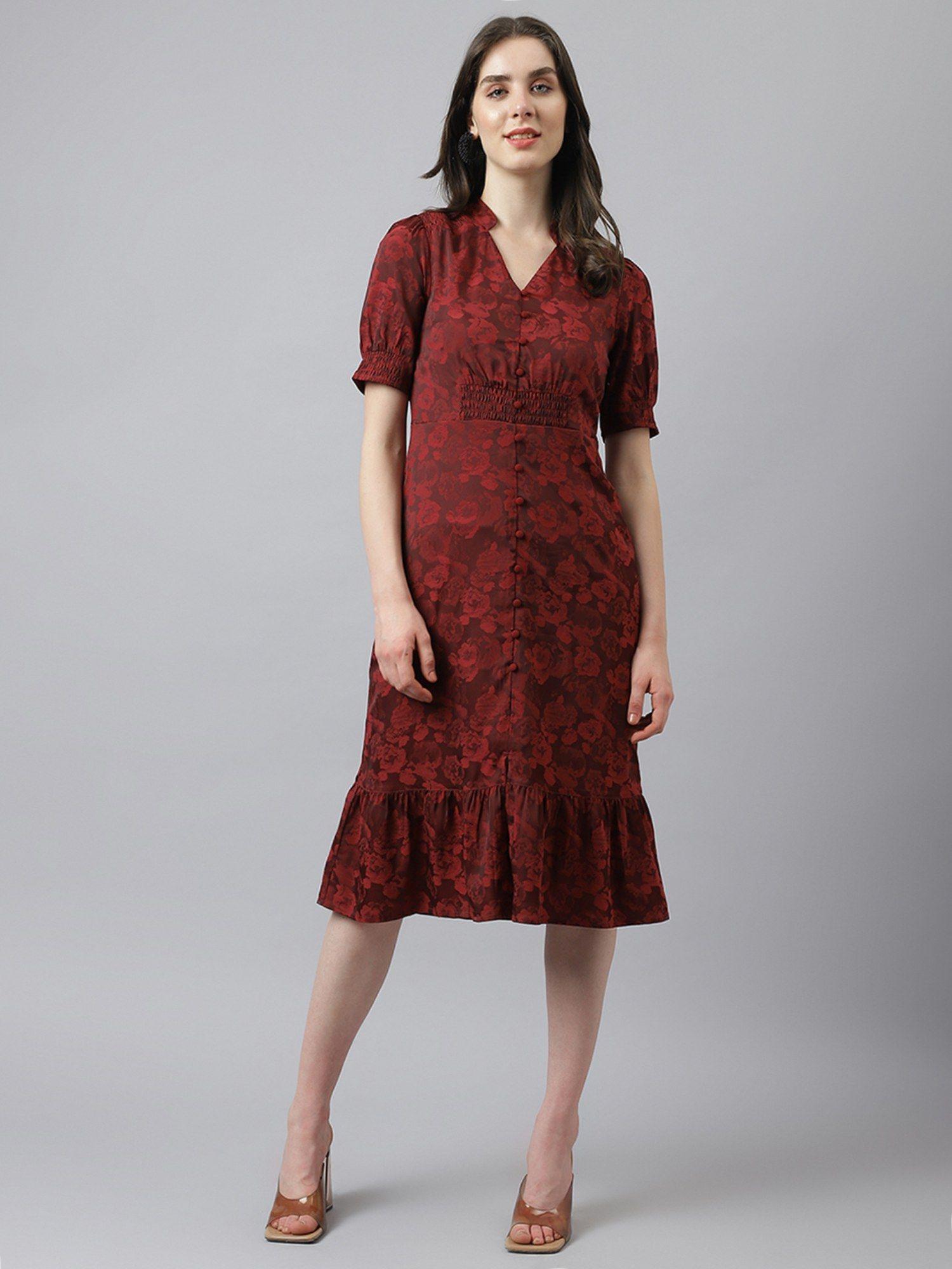 women maroon self flower printed dress with puffer sleeves