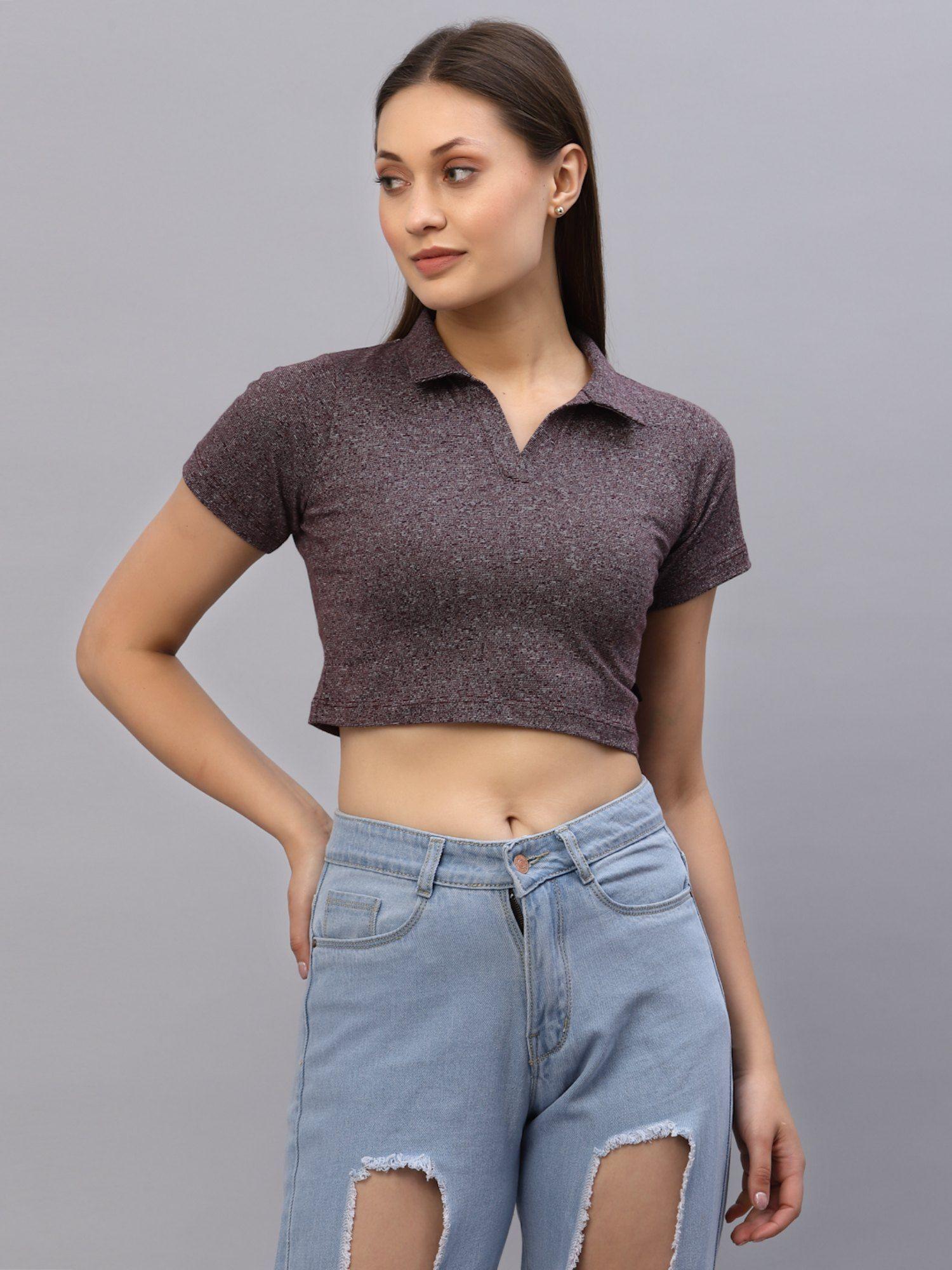 women maroon self texture collared crop top