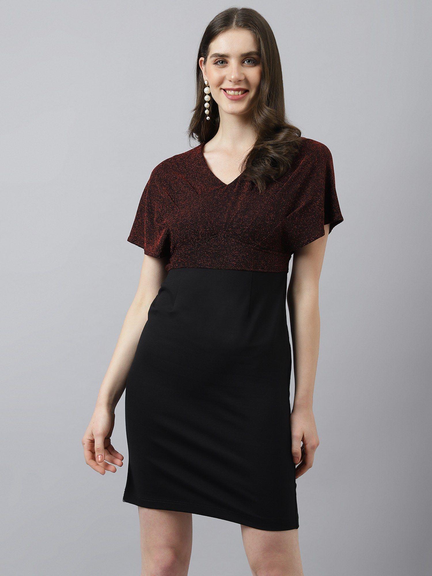 women maroon sheath dress with v neck & cap sleeves