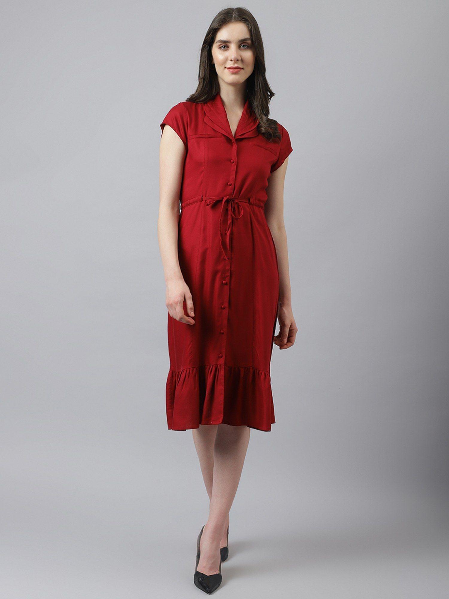 women maroon shirt dress with self belt & buttons